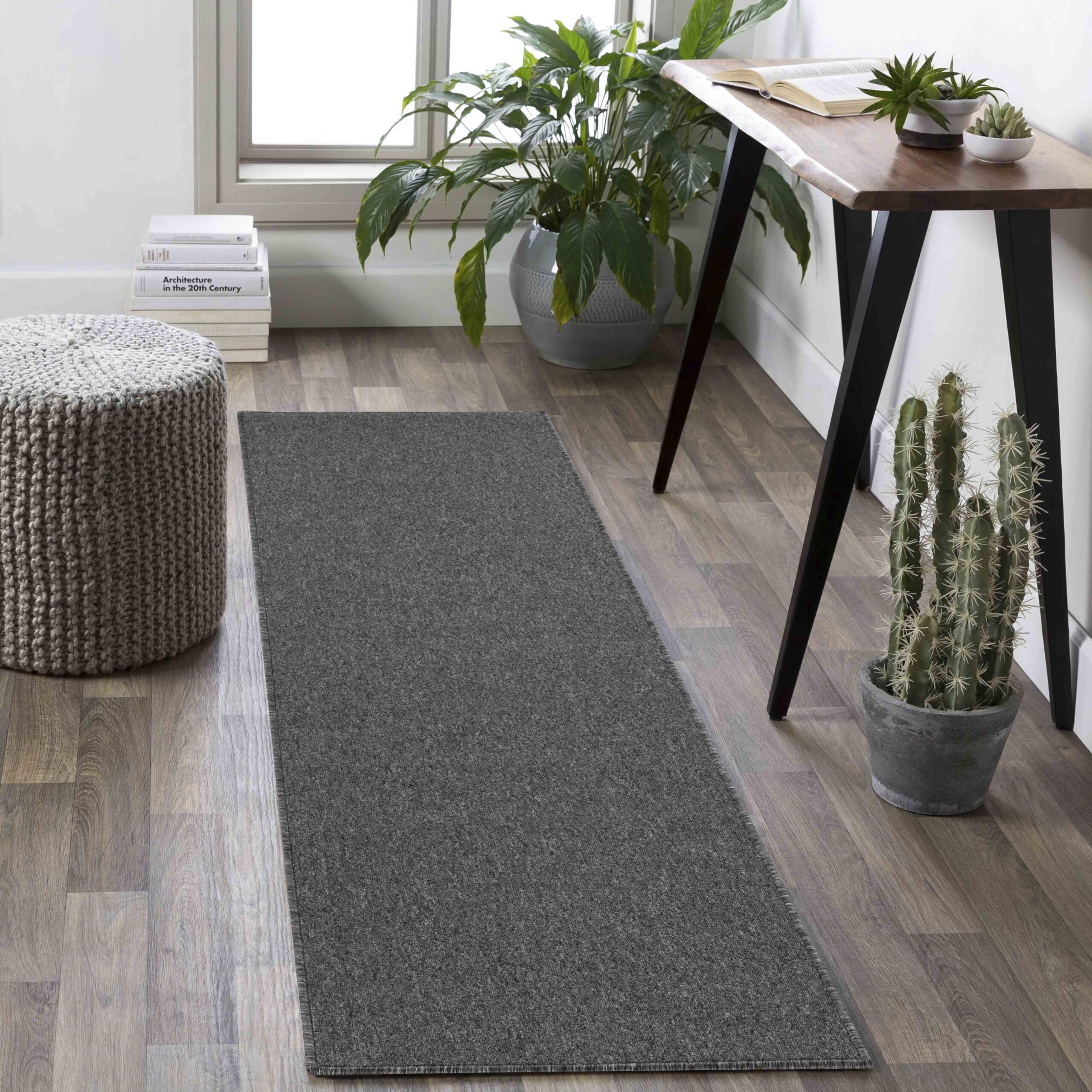 Simple Low Pile Plain Runner Rug, Felt Backed, Dark Grey, 60x220cm