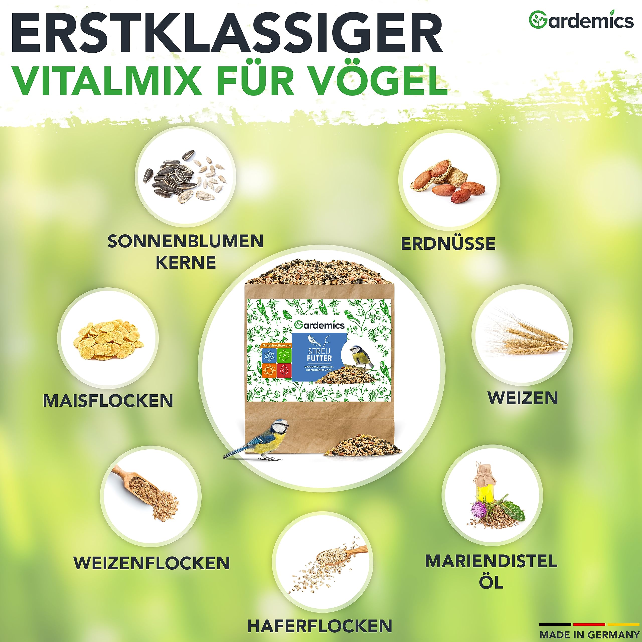 Gardemics Vogelfutter Wildvögel Ganzjährig 10 Kg - Vogelfutter mit Erdnüssen & Sonnenblumenkerne - Wildvogelfutter Ganzjahresfutter für Artenvielfalt im Garten