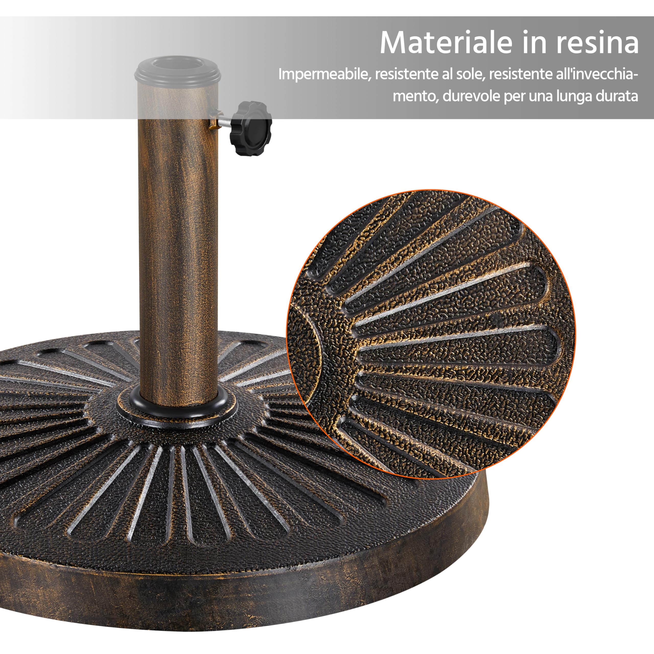 Yaheetech Base per Ombrellone da Giardino in Resina e Metallo Supporto 12 kg per Pali da Ø38mm o Ø48mm con Manopola per Esterno Veranda Terrazza Piscina Spiaggia Patio, Bronzo