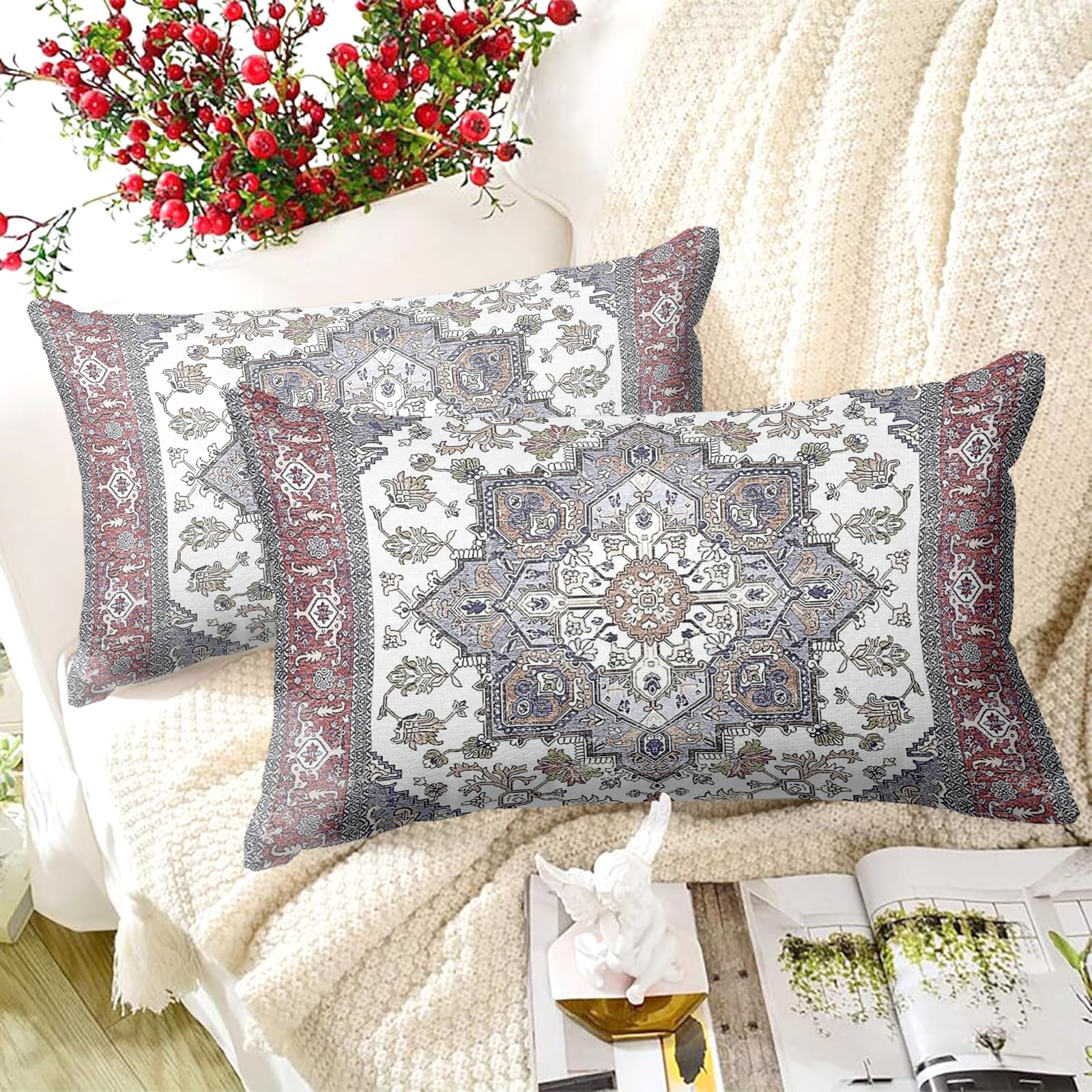 XPHZZL Pack of 2 Soft Decorative Cushion Covers 30cm x 50cm Square Throw Pillow Case Boho Style Pillowcases for Sofa Bedroom Outdoor Patio Garden with Invisible Zipper 12 x 20 Inch-Red Blue - Image 3