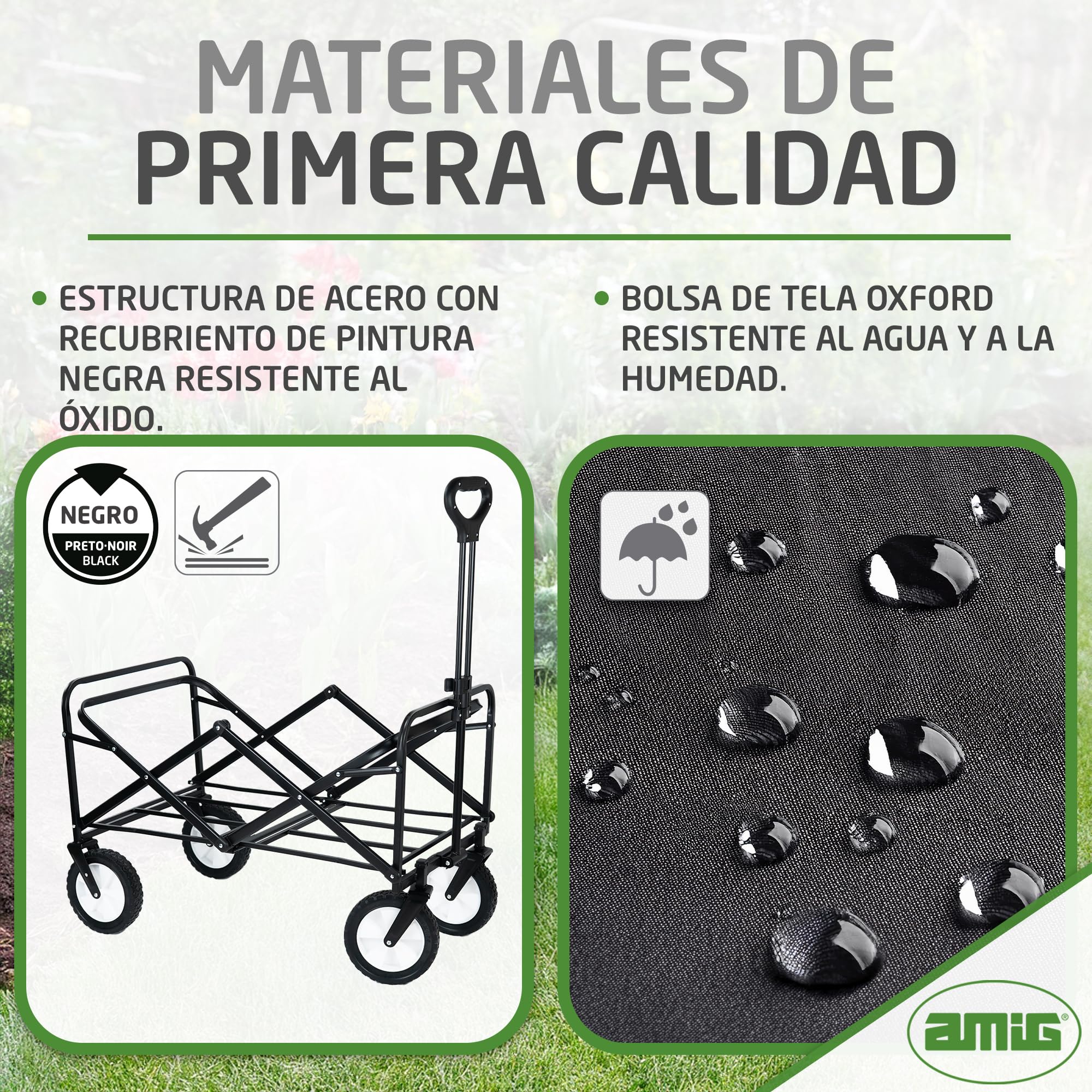 Amig - Carro Plegable Todoterreno - Tela Impermeable - Color Negro - Ruedas de Ø20cm 360º - Carga máx. 100kg - Carrito de Camping, Playa y Jardín