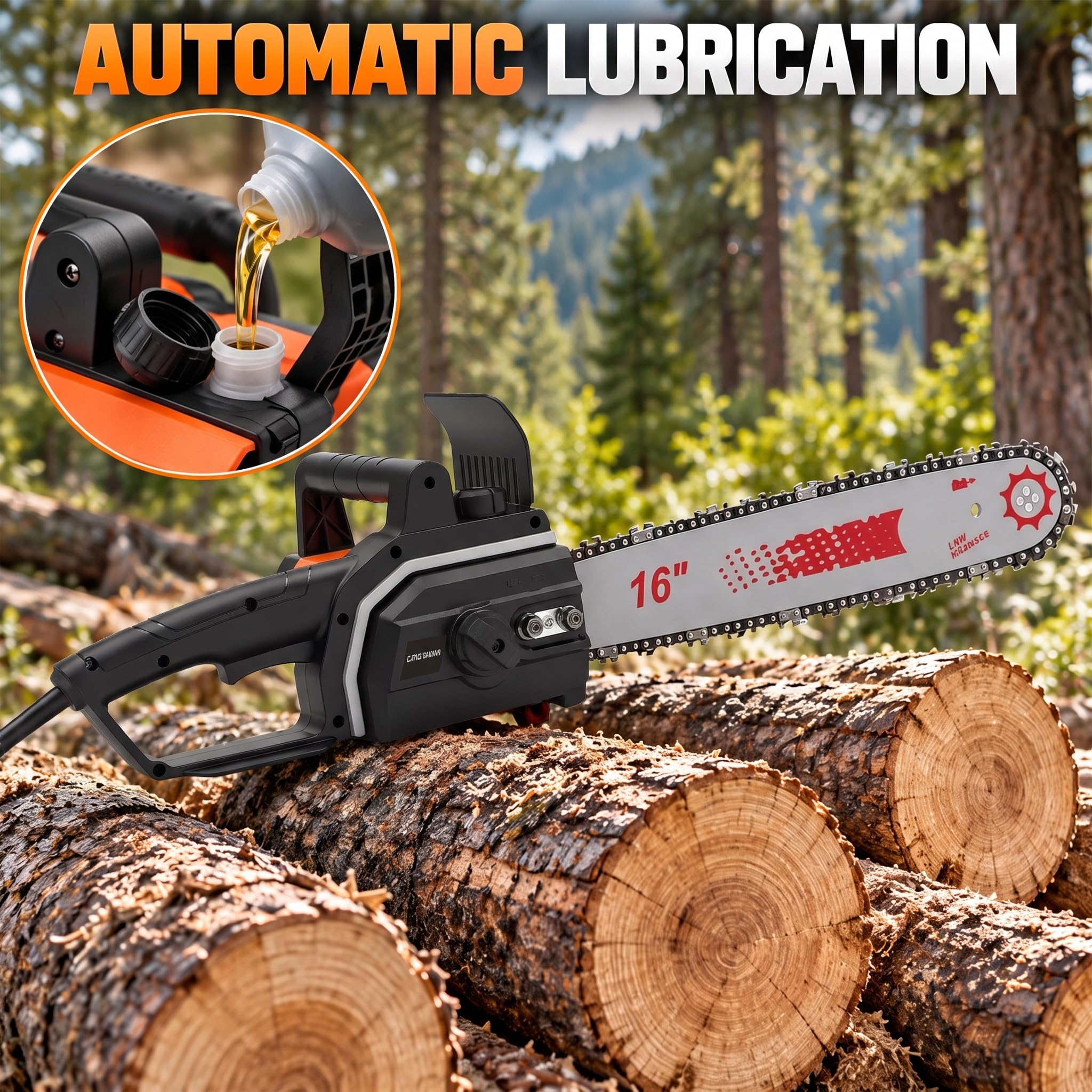 16 Pulgadas Motosierra Eléctrica con Cable 1600W, Velocidad de Corte 8m/s