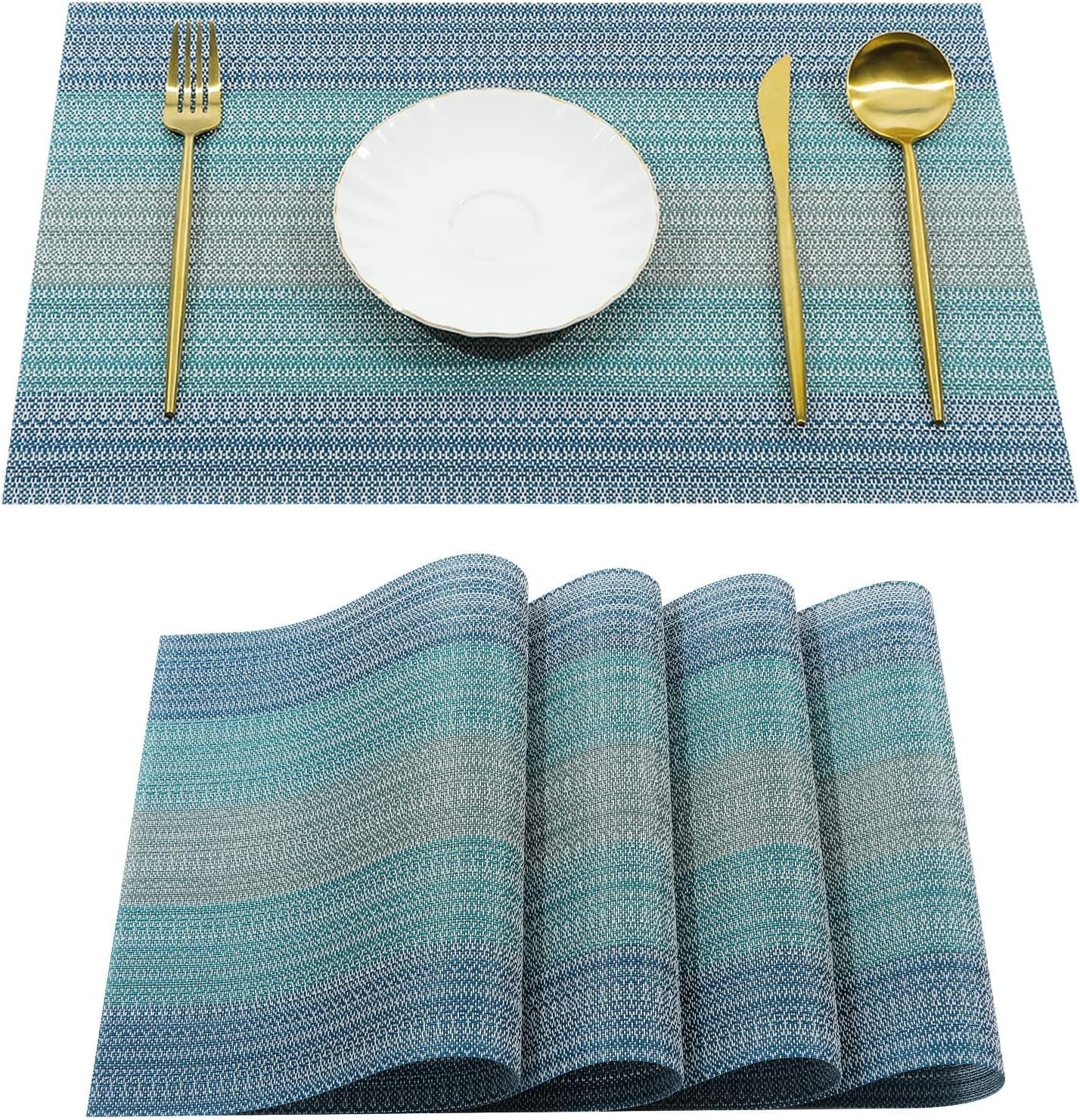 Leeonz Easy to Clean Non-slip Heat Resistant Dining Table Place Mats,PVC Tap Set Heat Resistant Placemats Stain-resistant,Washable Kitchen Dinner Table Place Mats,Easy To Dry (Ombre Blue, Set of 4pcs) (B08C9V2WPC) Amazon Price History, Amazon Price Tracker