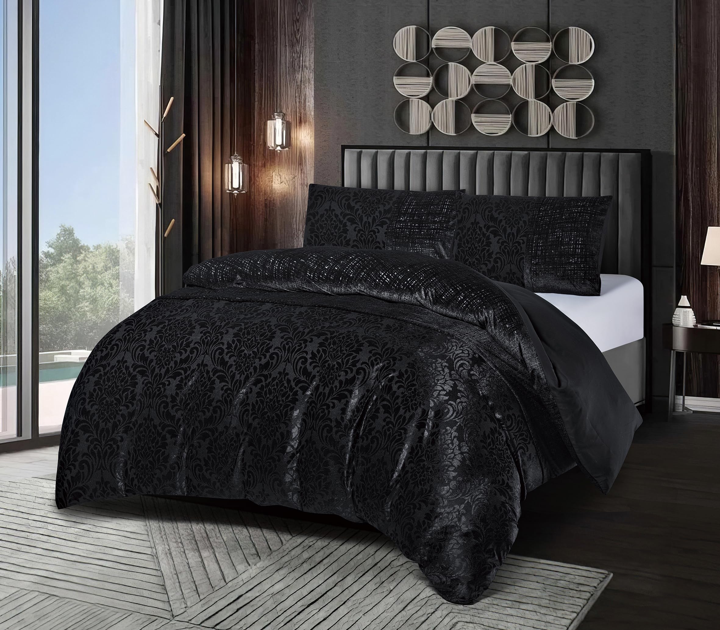 3 Piece Luxury Jacquard Duvet Cover Set, Velvet Damask 100% Polyester Bedding – Quilt Cover With Pillowcases Double King SuperKing (Black, Double)