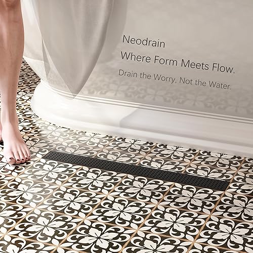 Miniatura 4 de Neodrain Drenaje de ducha lineal negro de 28 pulgadas con rejilla extraíble de patrón cuadrado, fabricante profesional de drenaje de piso de ducha