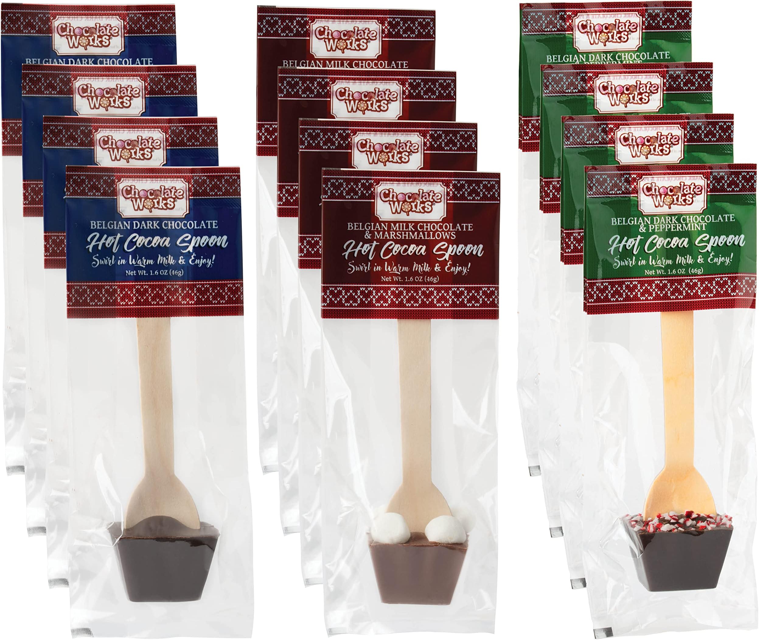 Hot Chocolate Spoons by Chocolate Works, Flavor Variety Pack - Belgian Dark Chocolate, Milk Chocolate & Marshmallows, Peppermint, Cocoa Bomb for Hot Chocolate