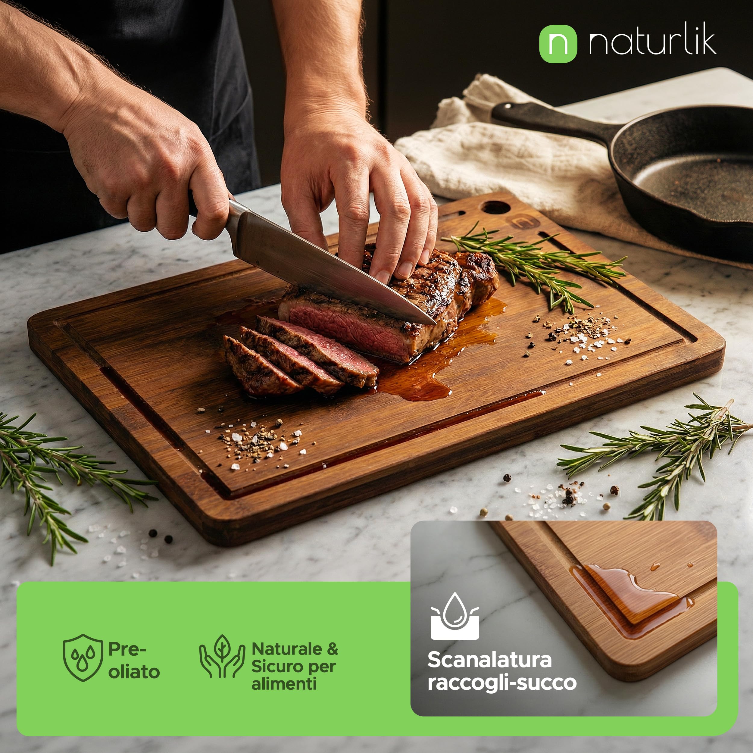 naturlik Set 3 Taglieri Bambù Carbonizzato con Scanalatura | Tagliere Legno per Carne, Salumi e Formaggi | Tagliere da Portata | Pre-Oliato, Senza BPA, Ecologico | 3 Misure: 33×22/28×22/22×15 cm