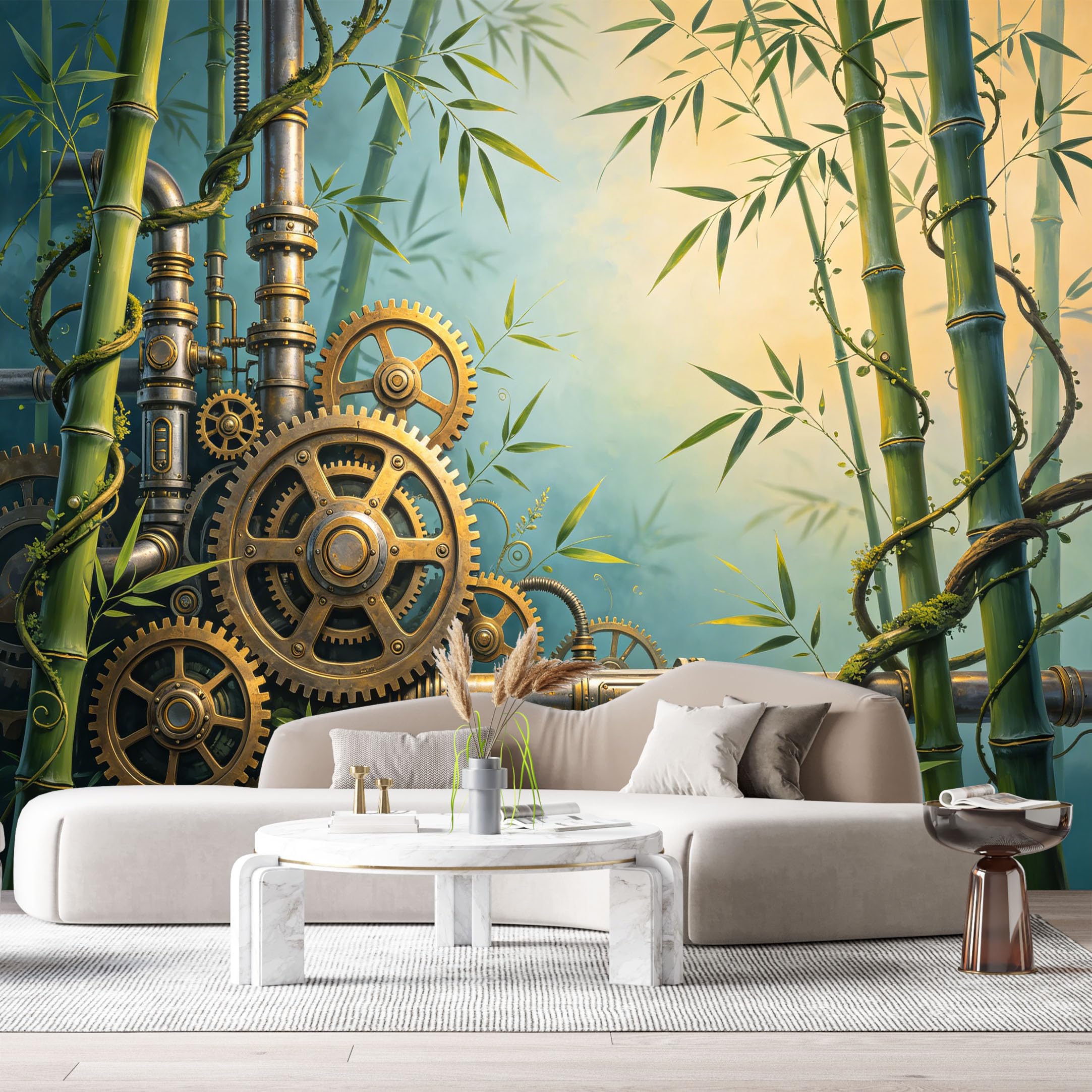 Custom Size Wall Murals Industrial Steampunk Bamboo Forest Mechanical Gears SelfAdhesive Wall Fabric Removable Large Wallpaper for Photo Living Room