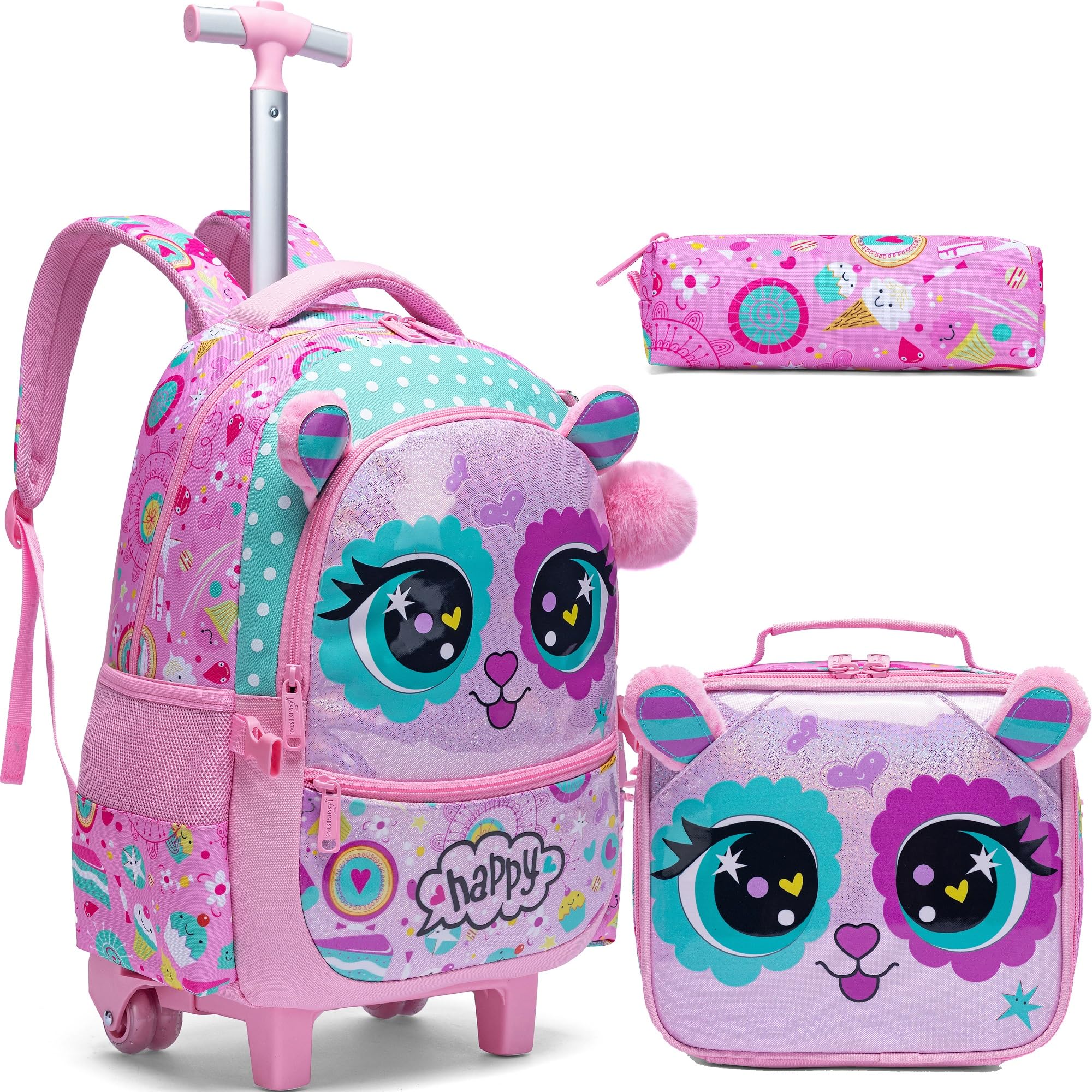 MYHSBYO Rolling Backpack for Girls Backpacks with Wheels for Elementary Preschool Students Kids 2 in 1 Travel Luggage Carry on Suitcase for Girls Age