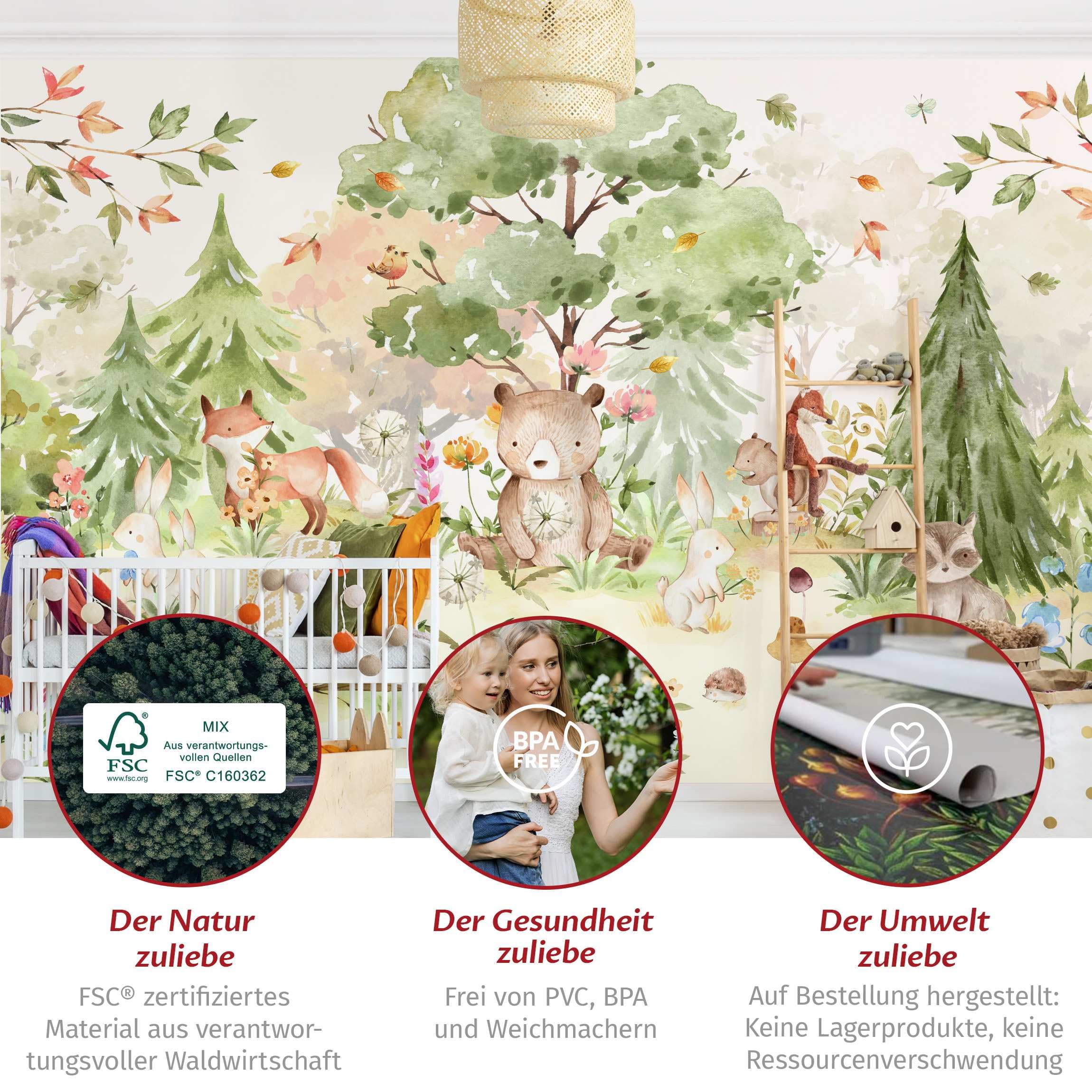 Bilderwelten Fototapete Babyzimmer Aquarell Waldtiere 190x288 cm Vlies-Tapete XXL Smart Wandtapete Wanddekoration Kinder Kinderzimmer