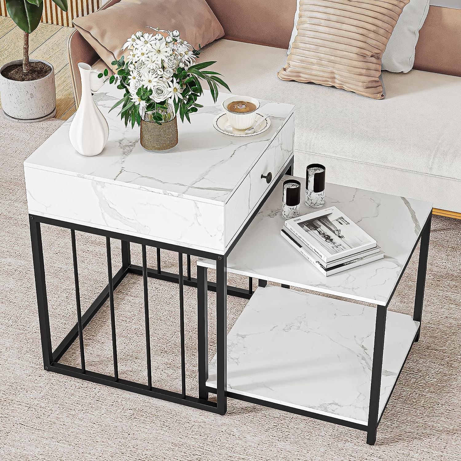 GAOMON Nesting Tables Modern Coffee Table Set of 2 Marble Grain White End Table Sets with Drawer & 2 Tier Shelf Accent Table for Living Room, Small Spaces, Bedroom, Balcony