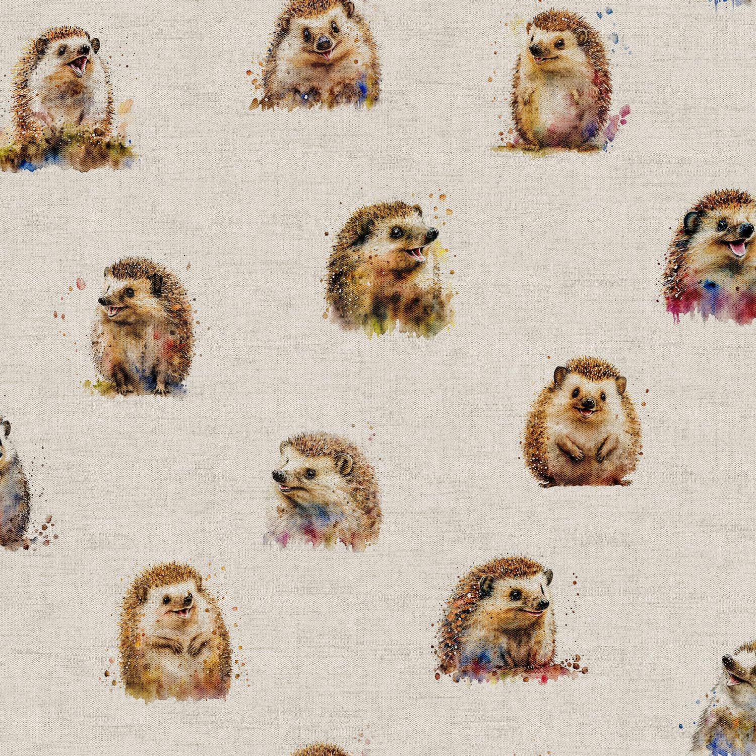 Glamour Secrets Multicoloured Cotton Rich Linen Look Upholstery Fabric 'Happy Hedgehogs All Over' Digital Print - Per Metre - 140 Cm Wide