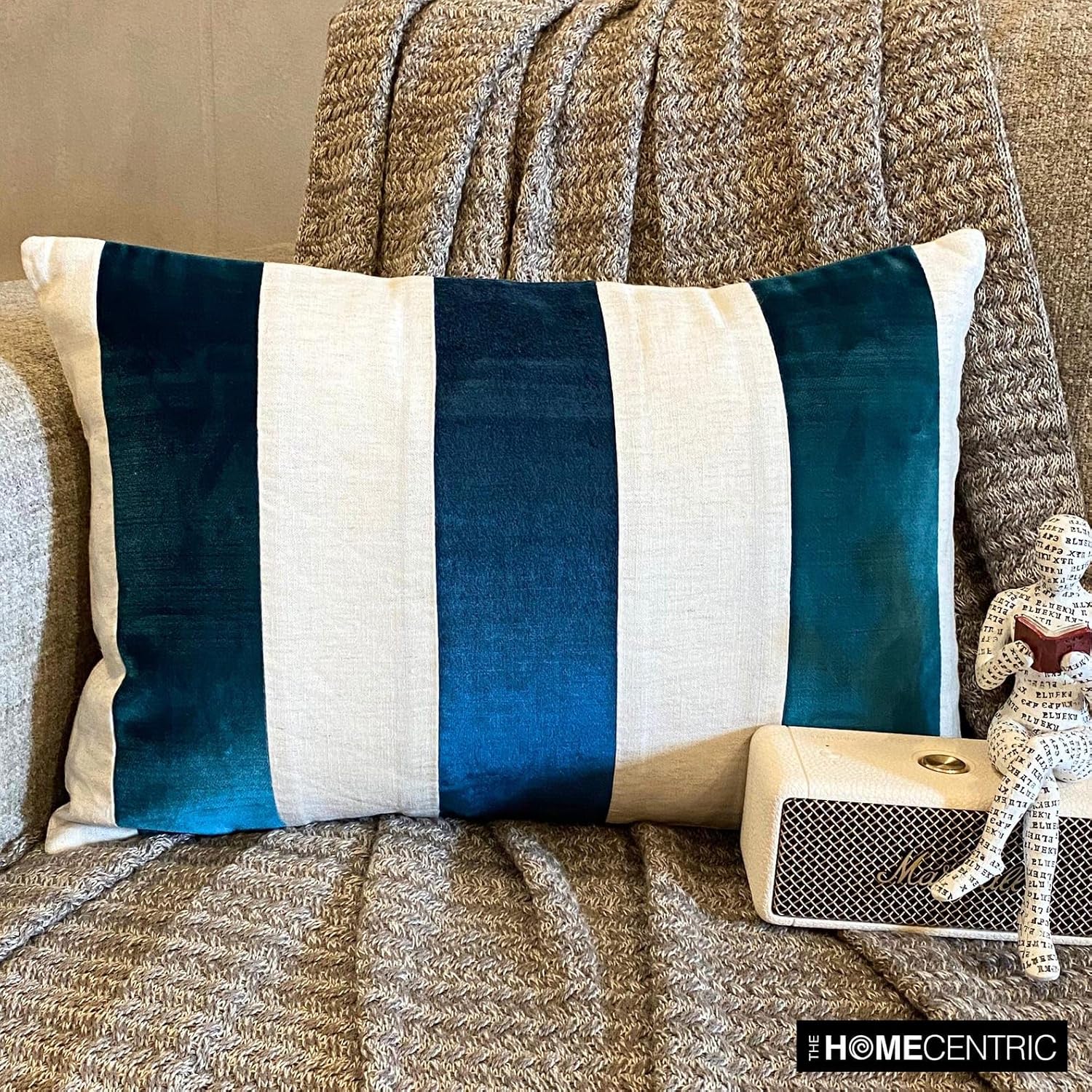 The HomeCentric Halloween Decorative Lumbar Pillow Cover Blue 12"x16" Fall Oblong Pillow Covers, Velvet & Linen Patchwork Oblong Pillow, Striped Pattern Modern - Swathe Teal