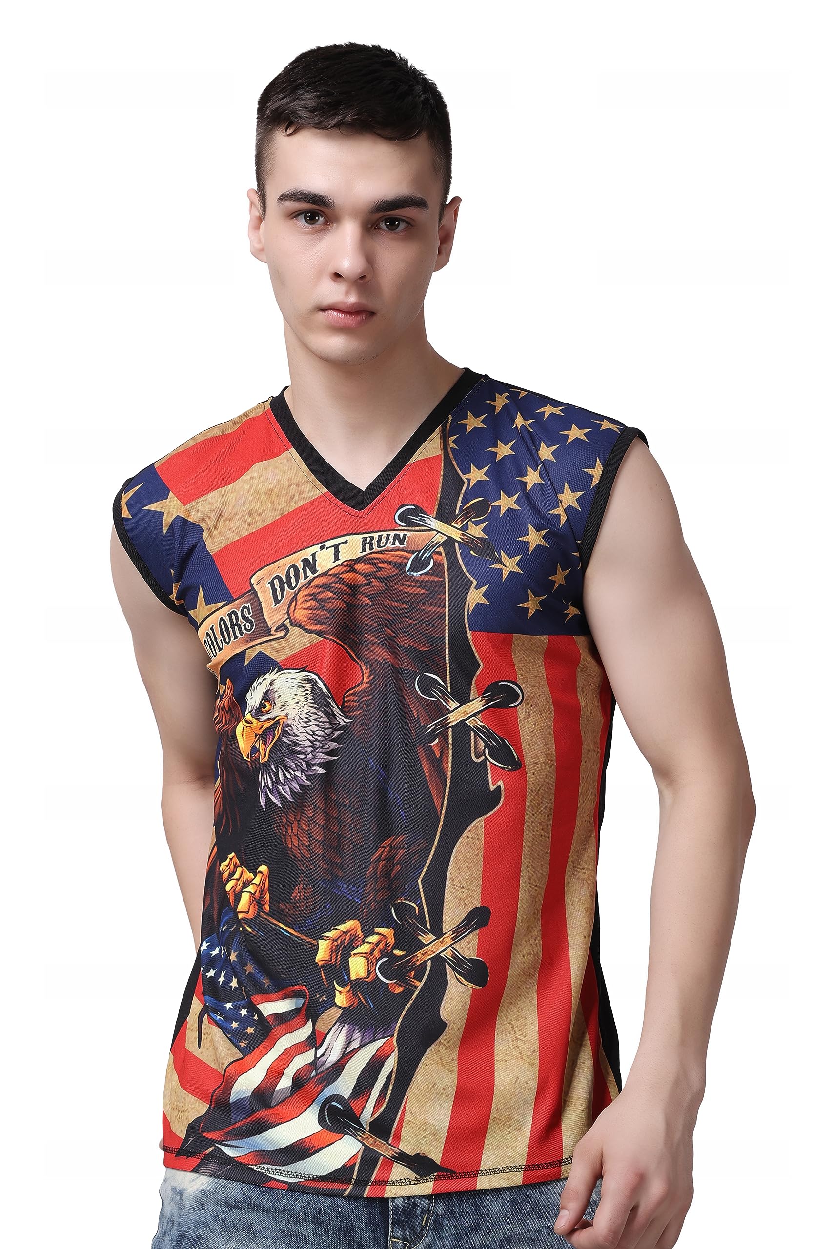 YELLOW TREE Men's Don't Run American Flag Sleeveless T-Shirt (FT-AmericanFlag-002-L) Multicoloured