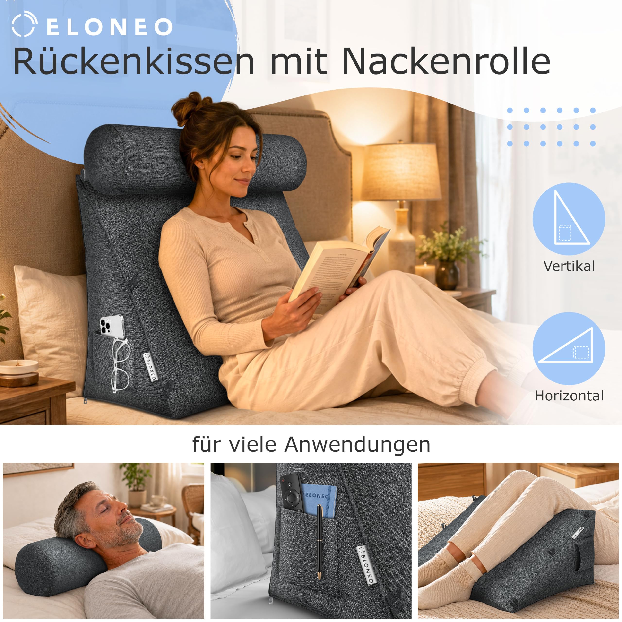 maxVitalis Rückenkissen Bett / Sofa mit Abnehmbarer Nackenrolle und Seitentasche, Rückenstützkissen mit Nackenkissen, Bezug waschbar, Lesekissen, Bücherkissen, Rückenlehne, 55×50×30 cm, Dunkelgrau