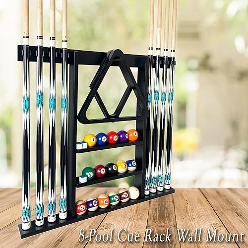 Miniatura 2 de Soporte para taco de piscina de montaje en pared, estante de madera maciza negro para 8 tacos