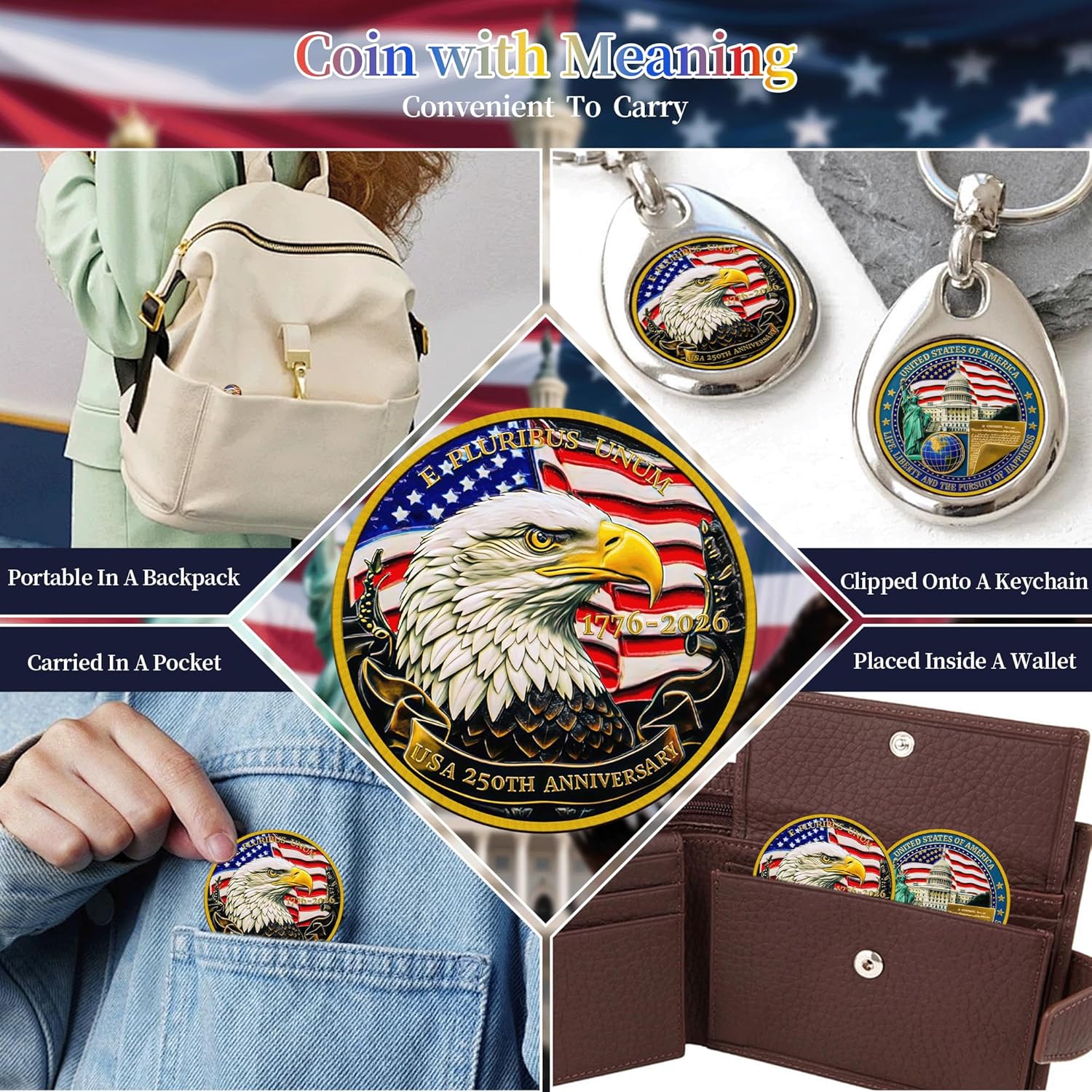 16Pcs USA 250th Anniversary Commemorative Coin,1776-2026, Double-Sided High Relief, Patriotic Collectible Gift for Veterans & History Collectors, America 250 Merchandise