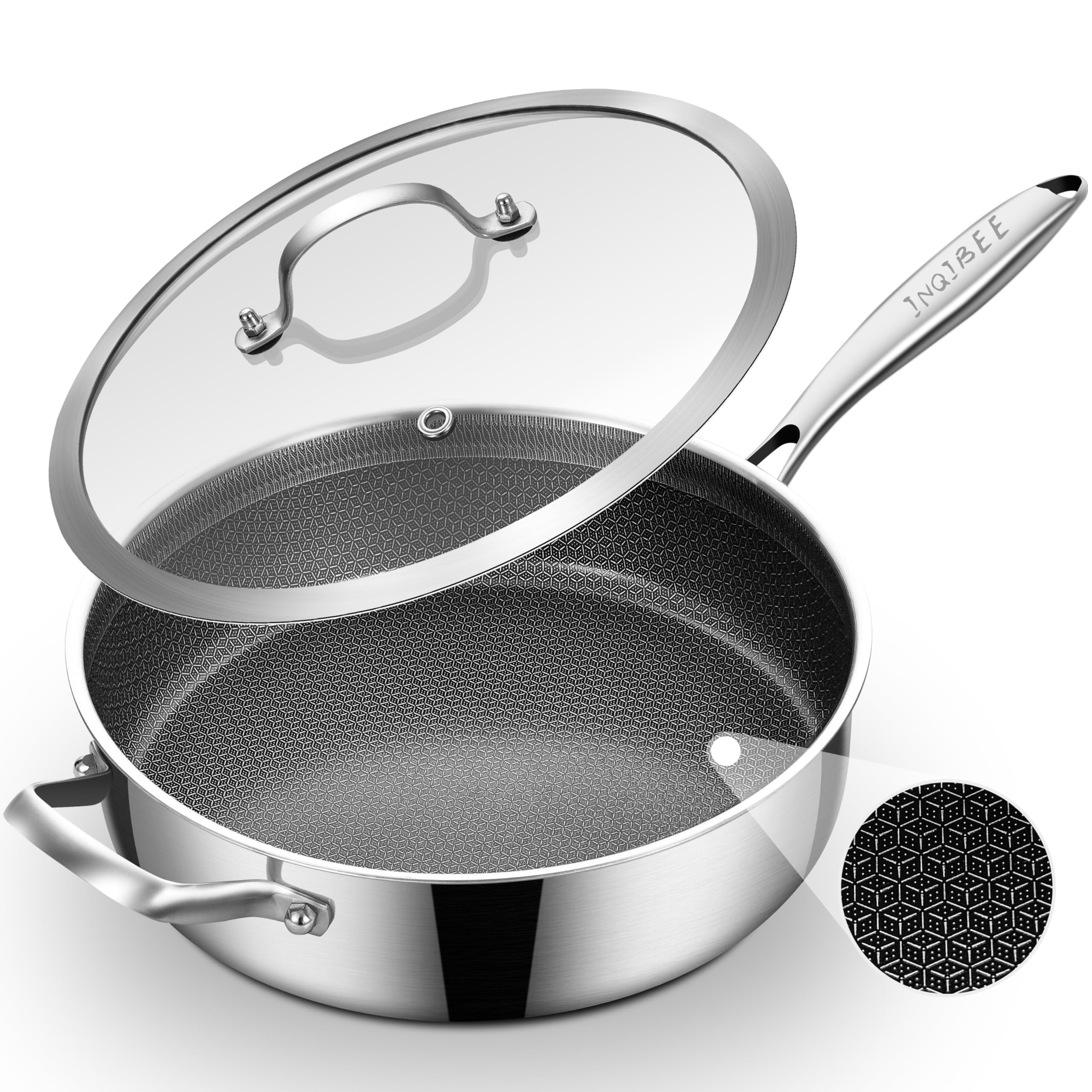 Inqibee 5QT Tri-Ply Stainless Steel Hybrid Sauté Pan with Lid, 12 Inch Deep Frying Pan, Nonstick Skillet with Helper Handler, Induction Compatible, Dishwasher Safe & Oven Safe, PFOA-Free