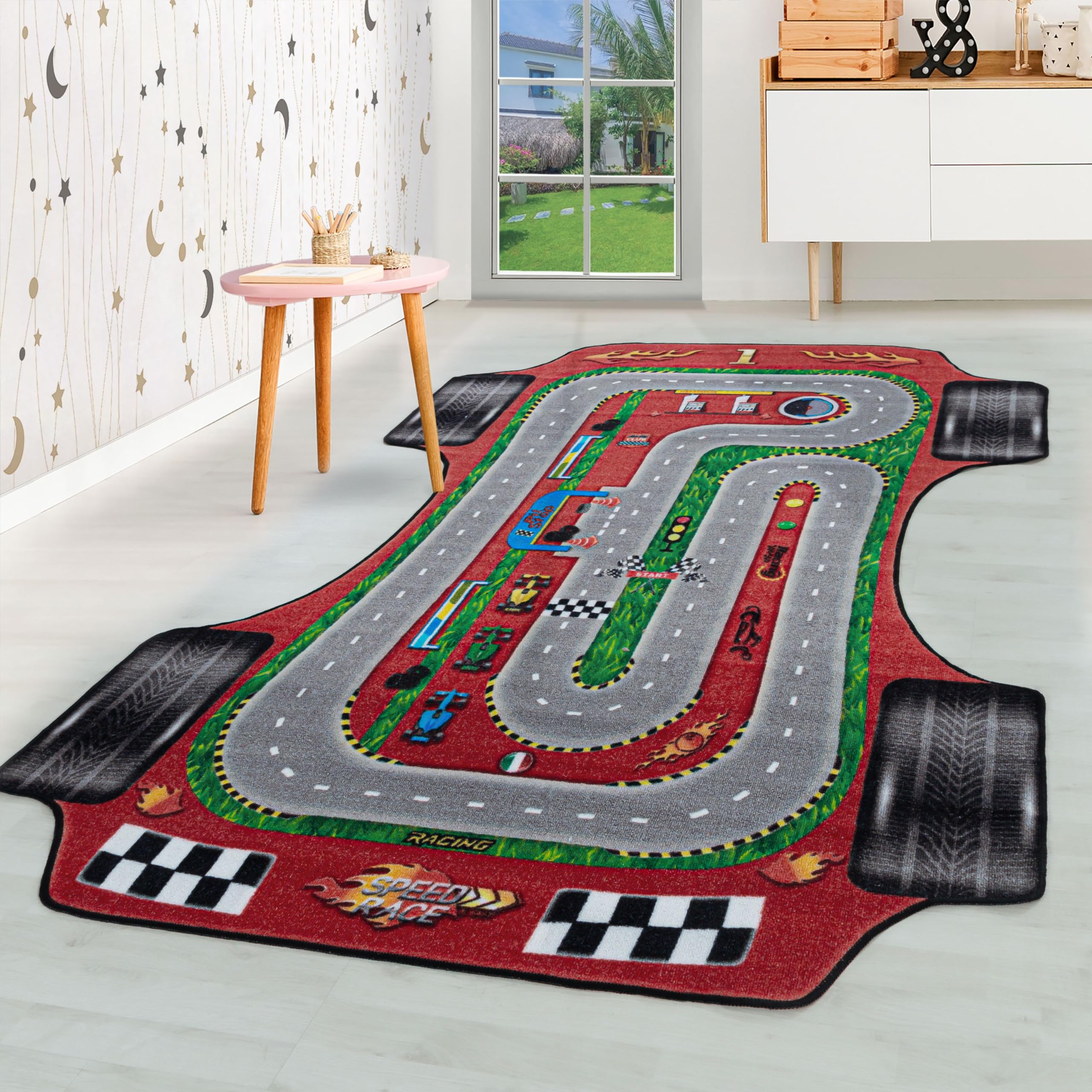 HomebyHome Alfombra para niños Pila Corta Diseño de Coches de Carreras Habitación de los niños de los bebés Suave y Lavable Rectangular Chico Rojo, Color:Rojo, Tamaño:80x120 cm