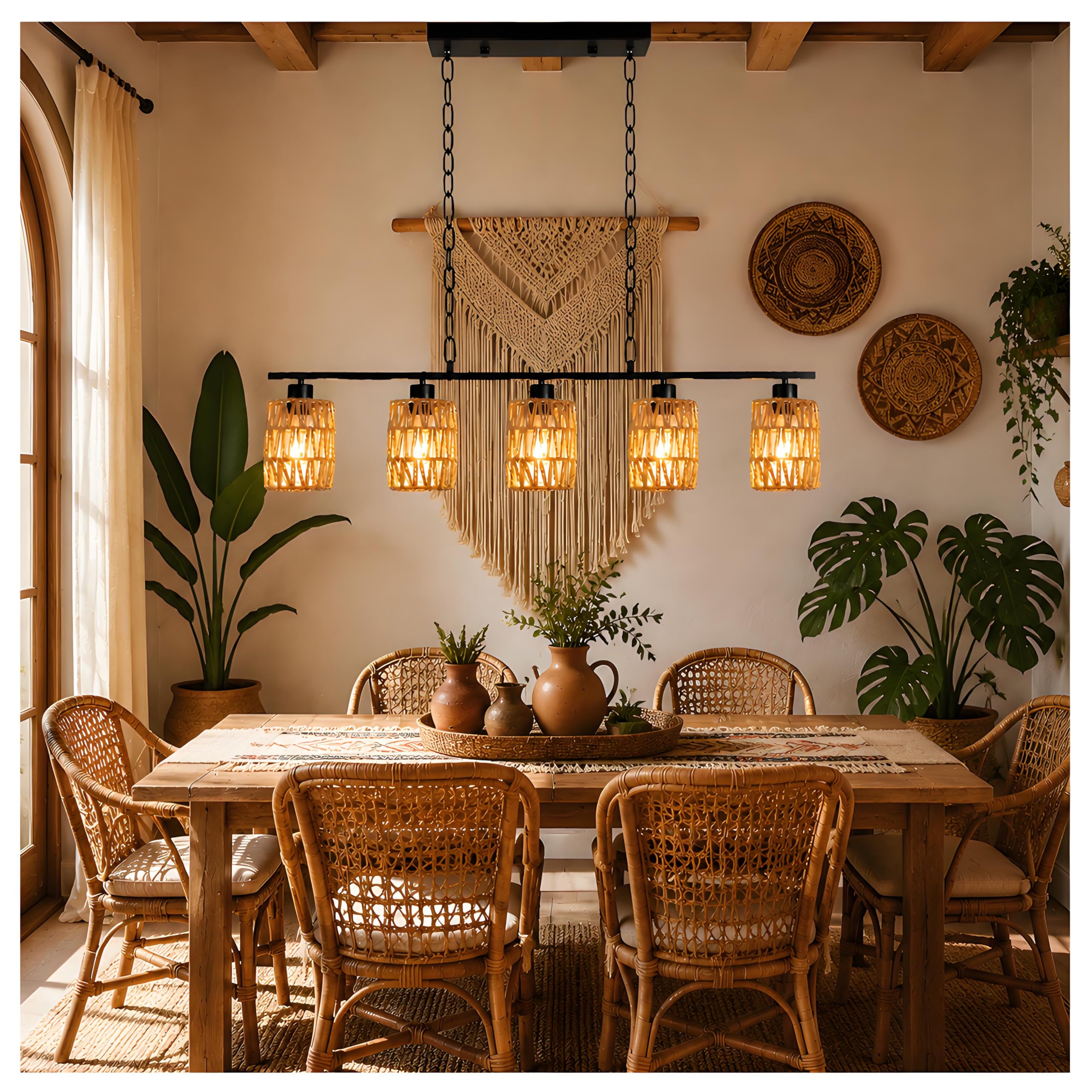Pendelleuchte Rattan Schwarz 5 Flammige, Hängelampe Esstisch Boho HöHenverstellbar E27 Rustikal Retro Hängeleuchte Esstischlampe Hängend Vintage Metall für Küghe Esszimmer Wohnzimmer Bar Restaurant