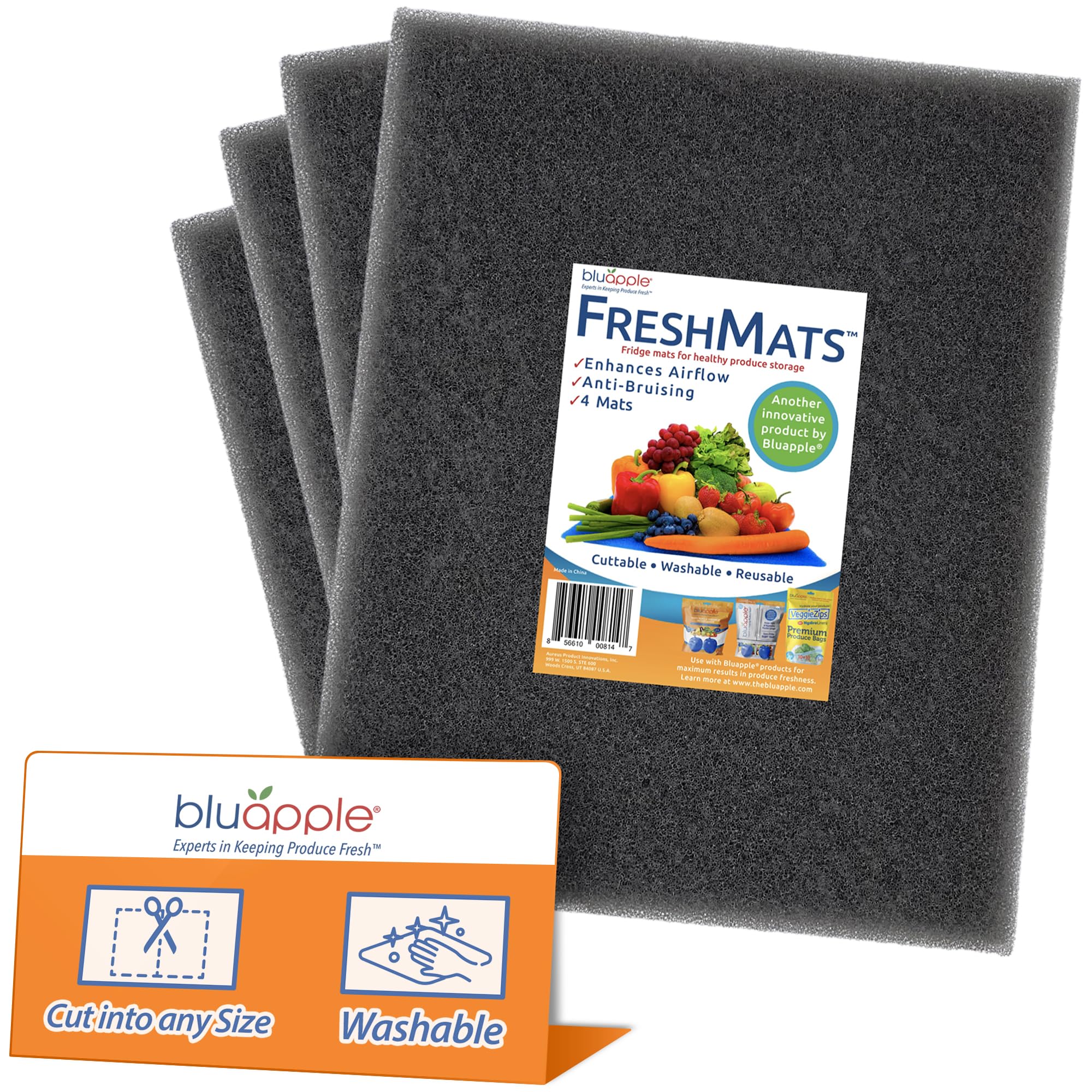 Bluapple FreshMats 4枚パック 12インチ x 15インチ 切断可能 洗濯可能 再利用可能 スポンジ 冷蔵庫 フルーツ&野菜シェルフライナー 野菜を長時間新鮮に保つ 傷つき防止 空気の循環を促進