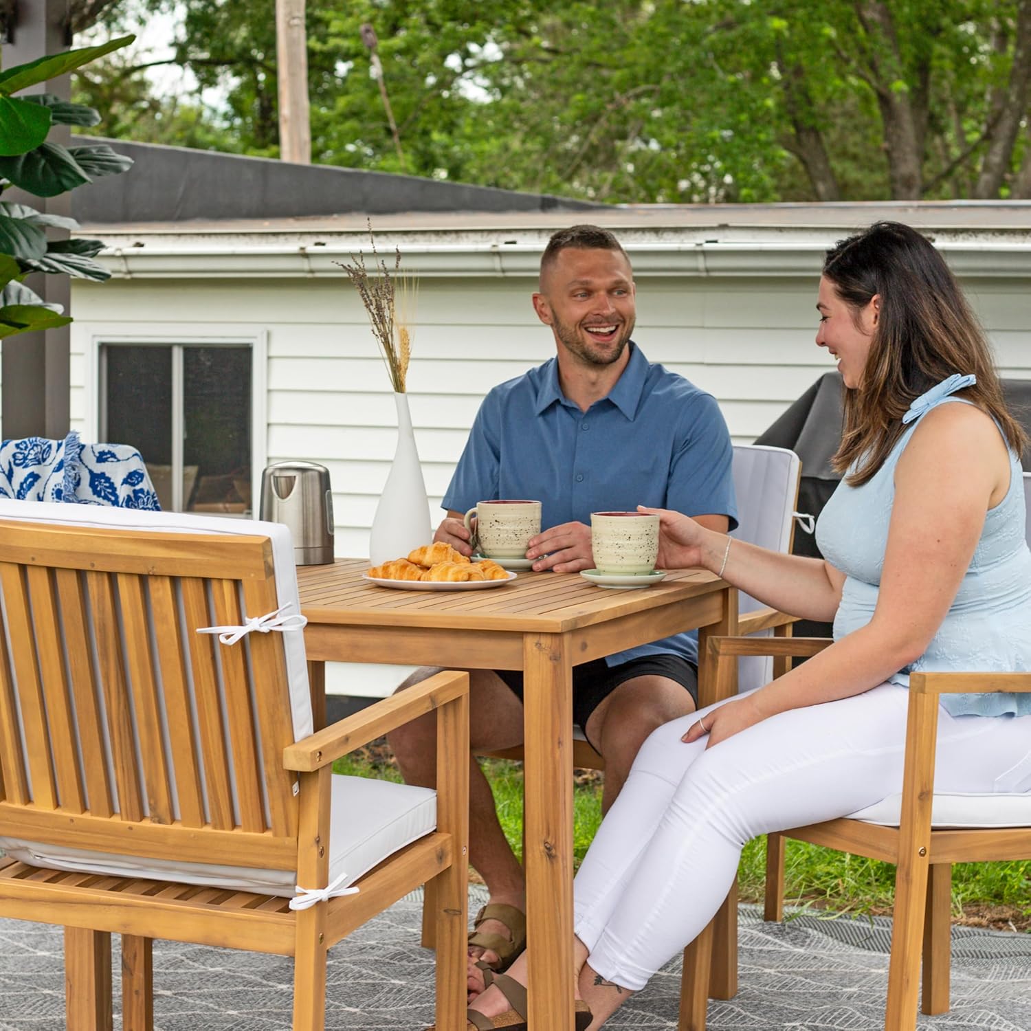 Sunnydaze 5-Piece Outdoor Dining Set - Rodanthe Outdoor Table and Chairs for Patio - Acacia Wood Patio Dining Set for 4 - Cushions Included