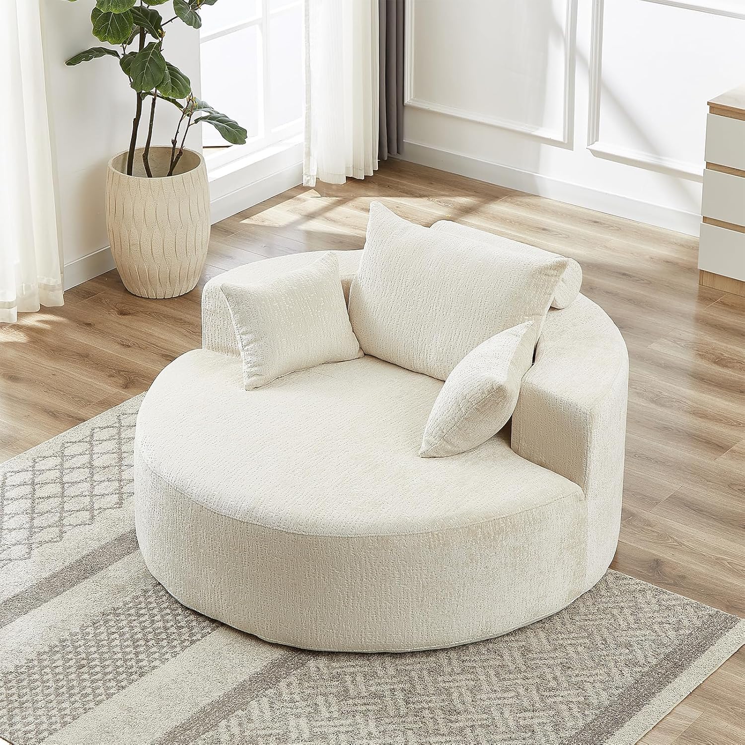 55 inch Chaise Lounge Chair Indoor, Oversized Round Accent Chair Modern Chenille Sponge Single Sofa, Fluffy Sleeper Chair Deep Seat Comfortable Chair for Living Room Bedroom Apartment, Beige