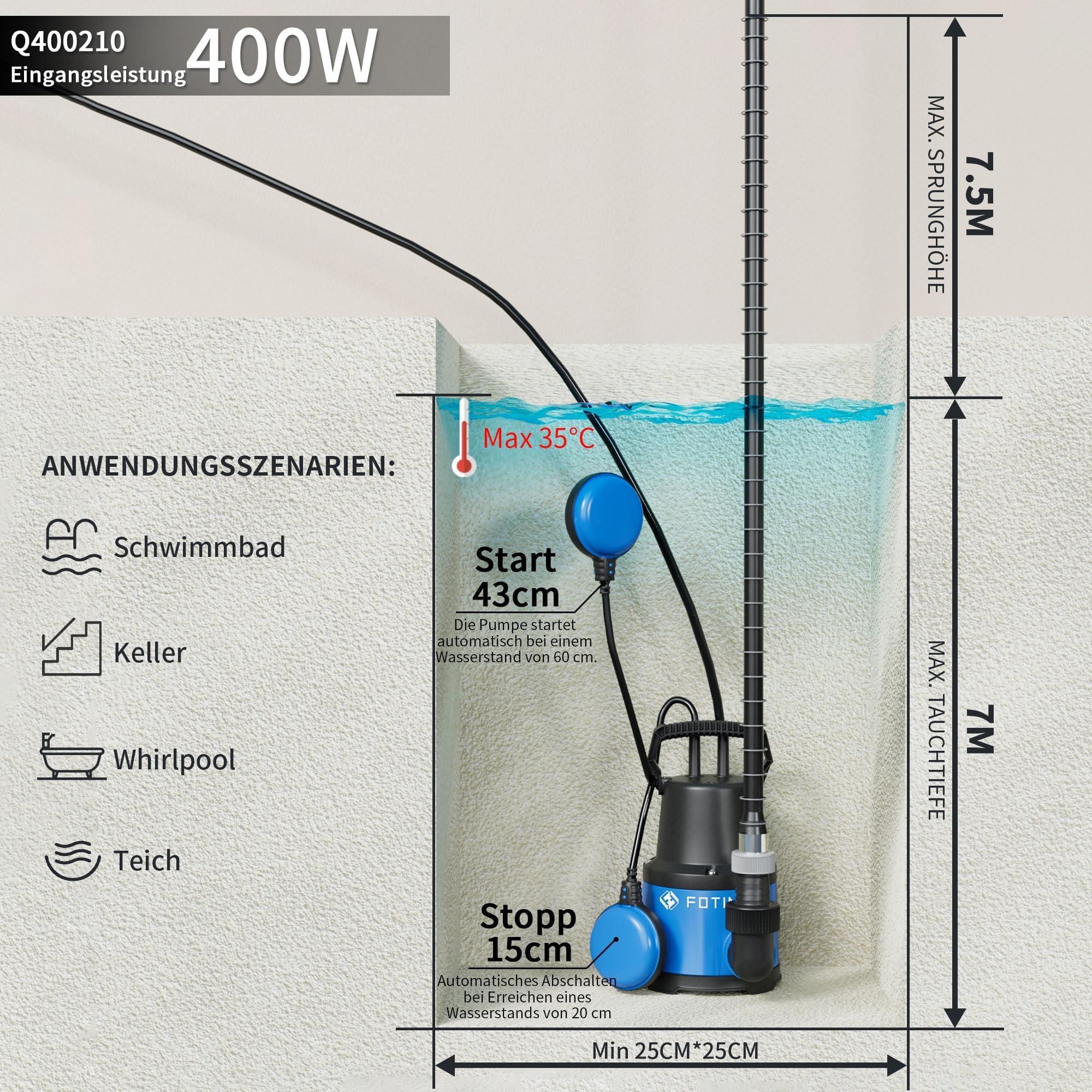 FOTING Pompa sommersa 400W 8000l/h portata max 8m profondità di immersione max 7m interruttore galleggiante regolabile protezione termica per piscina e cantina