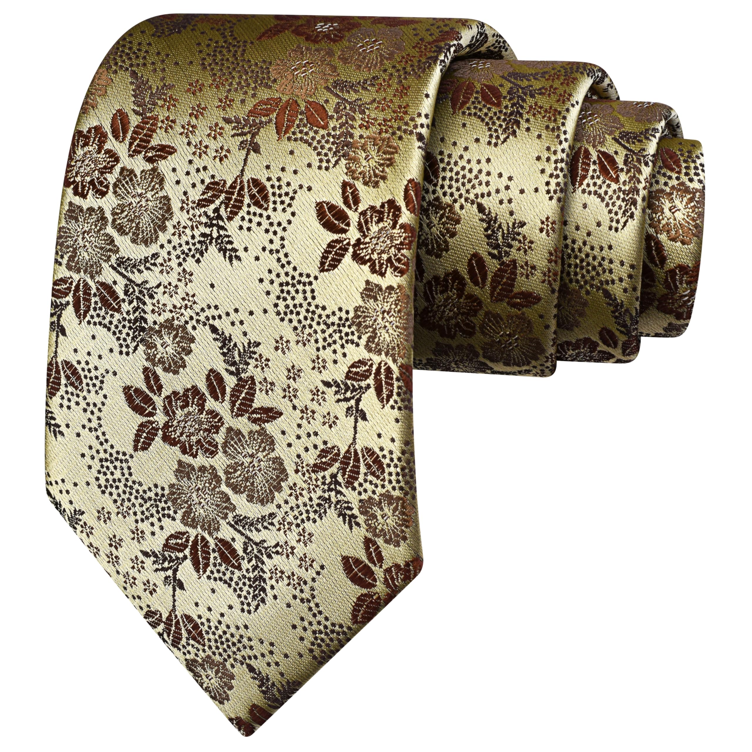 GUSLESON Mens Golden Olive Tie Brown Floral Wedding Silk Necktie for Business Party (1037-15)