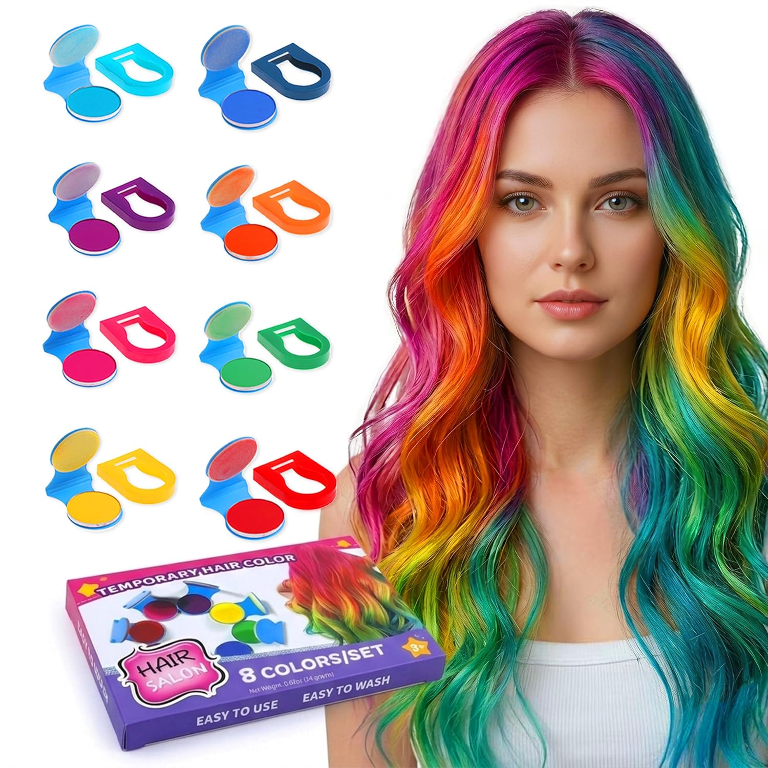 Washable Temporary Hair Chalk for Girls and Kids, 8 Colors | Non-Sticky, Washes Out With Shampoo, Vibrant on Dark and Blonde Hair, For Cosplay, Birthday Party, Halloween, Hair DIY