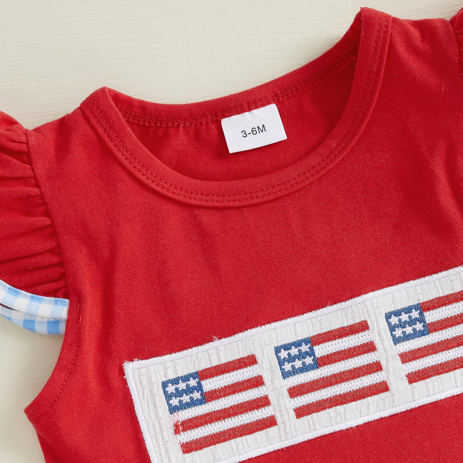 Toddler Baby Girl 4th of July Outfit American Flag Embroidery Fly Sleeve T-Shirt Top Plaid Ruffle Hem Shorts Set