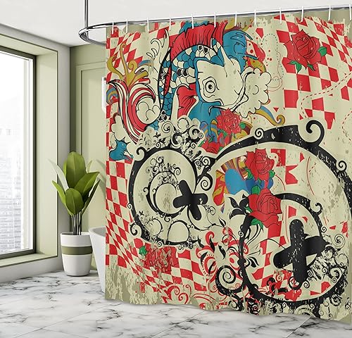 Miniatura 4 de Ambesonne Cortina de ducha asiática, rosas románticas, Groovy Funk, estilo de arte abstracto, diseño retro de peces populares sobre fondo grunge,