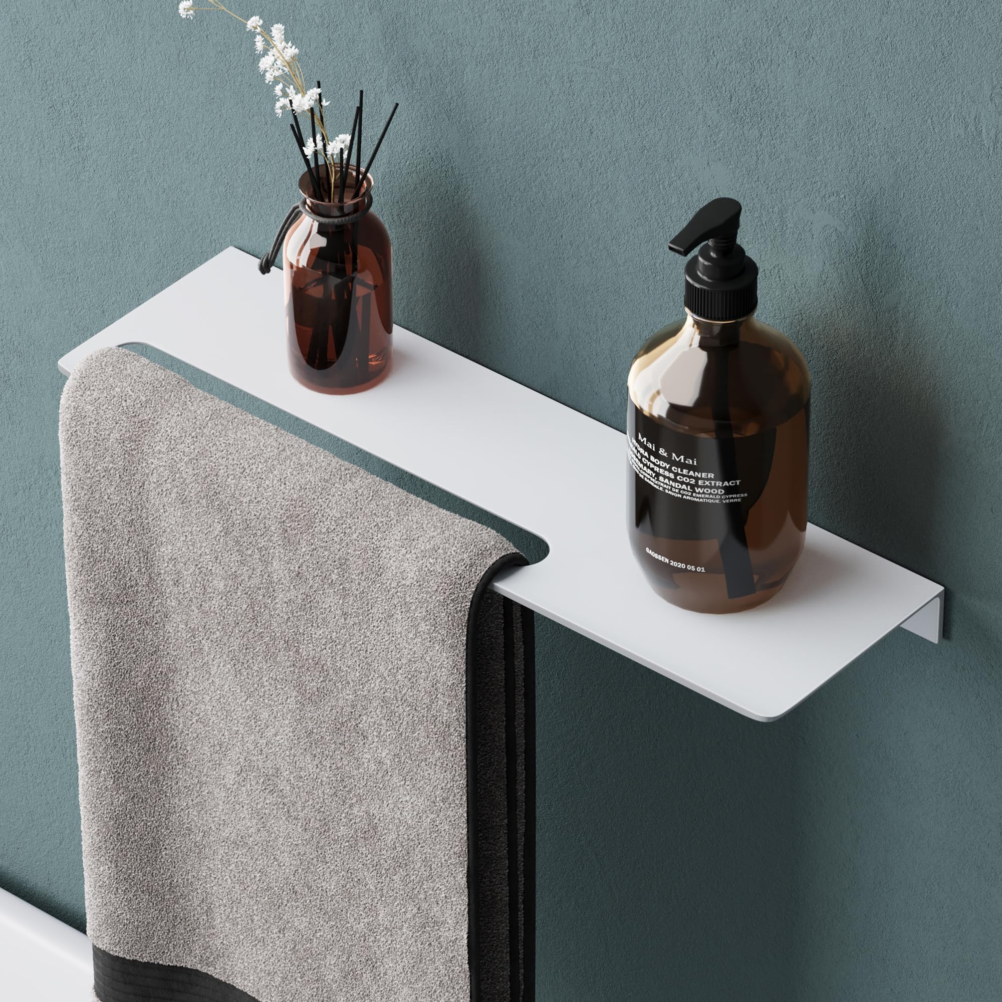 Mai & Mai Mensola da Parete Multifunzionale 40cm, Mensola per Doccia in Alluminio con Portasciugamani Mensola da Appendere per Bagno e Cucina, Bianco Opaco, Reglo-06