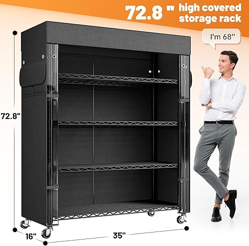 Miniatura 3 de REIBII Estantes de almacenamiento de 72.8 pulgadas de alto con cubierta y ruedas, estantería de alambre resistente para despensa, garaje, cocina,