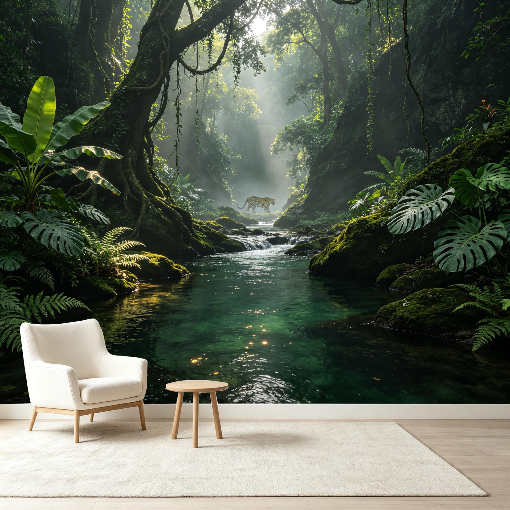 Custom Size Wall Murals Tropical Rainforest Wild Leopard Sunbeam River Landscape Self-Adhesive Wall Fabric Removable Wallpaper Wall Decor for Living Room Bedroom Bathroom