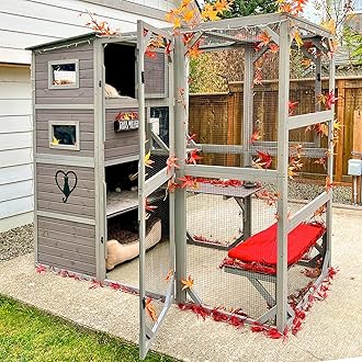 – Outdoor Cat House Catio 4 Tiers Cat Enclosures 177.8cm H 195.6cm L Large Cat Cage for Outdoor Indoor Cats Weatherproof Roof 3 Resting Rooms 3 Platforms 5 Windows, ‎grey