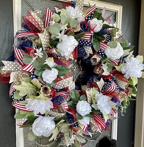 Garden Americana Floral Patriotic Front Door Deco Mesh Wreath, Stars and Stripes, Summer Decor, 4th of July Decoration