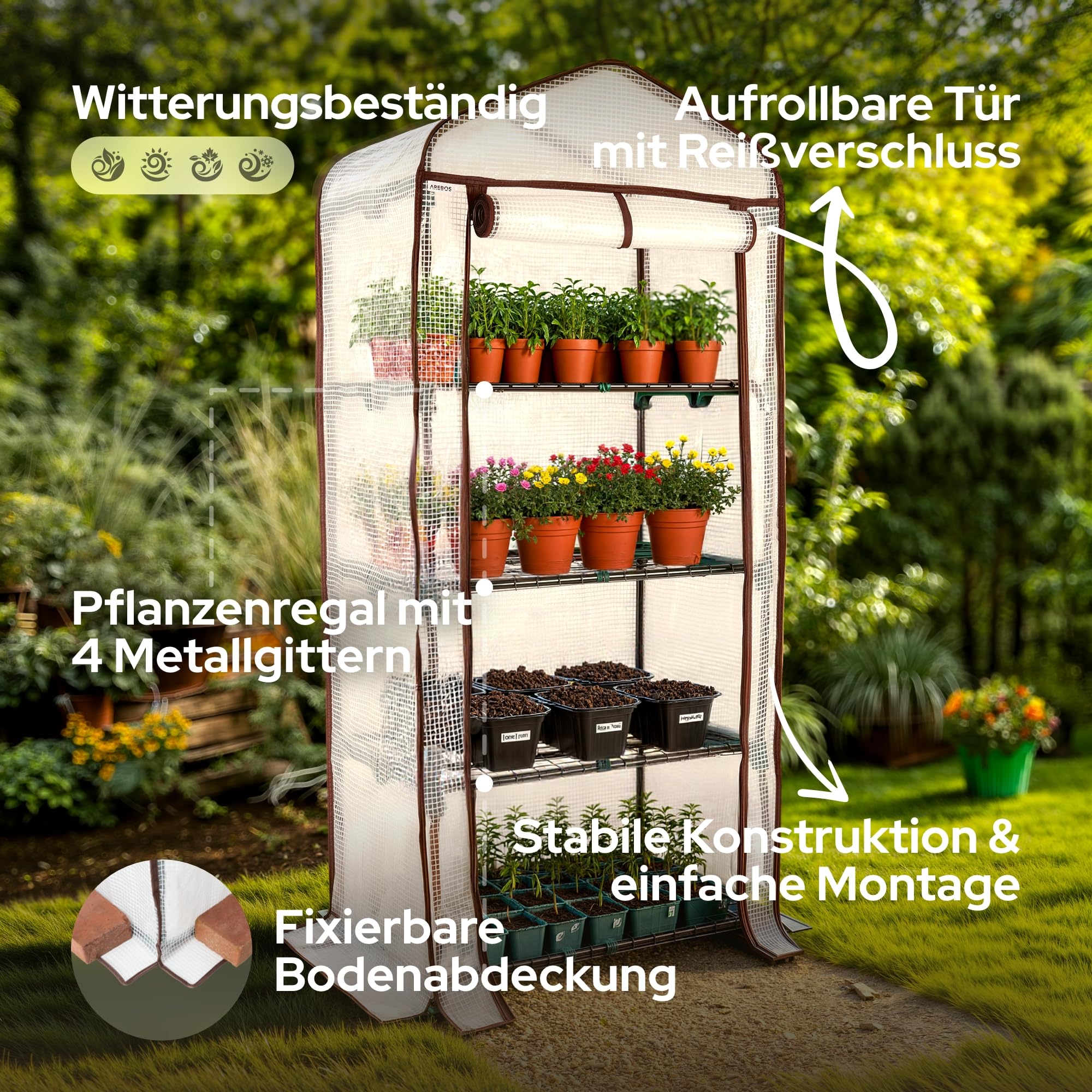 Arebos Premium Foliengewächshaus Gewächshaus mit 4 Etagen - 70 x 50 x 158 cm Treibhaus mit 4 Regalen - Platzsparend, Hochwertiges Anzuchthaus Garten Balkon Stabil & Einfach zu Montieren