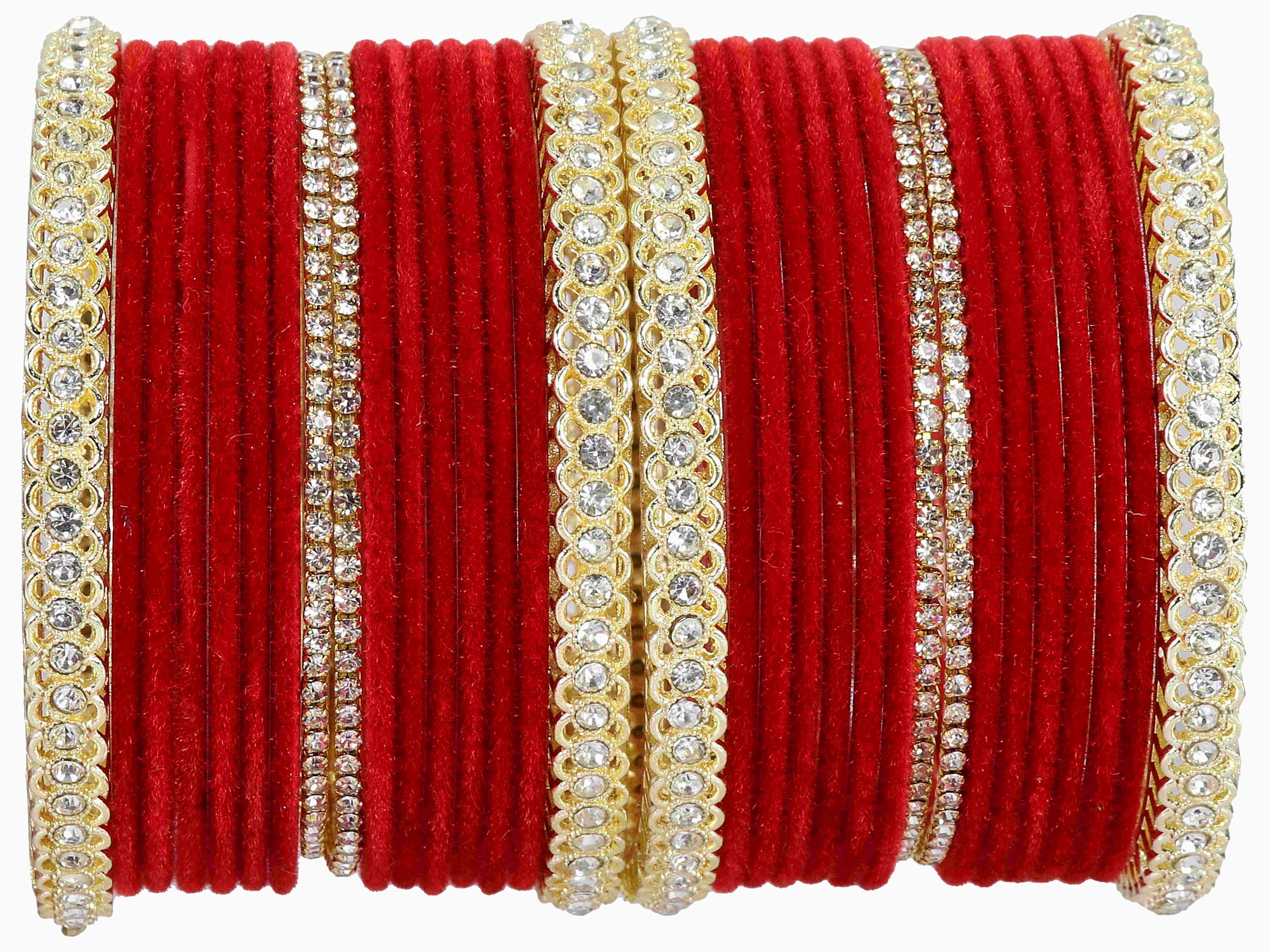 LAVAZZA Gold Plated Metal Velvet Bangles Short Chuda Set For Women & Girls with Zircon Gemstone | Red Bangles for Women | Women's Bangles Red | Golden Chuda | Set of 32 -(LV_FMS6-Red-2.4)