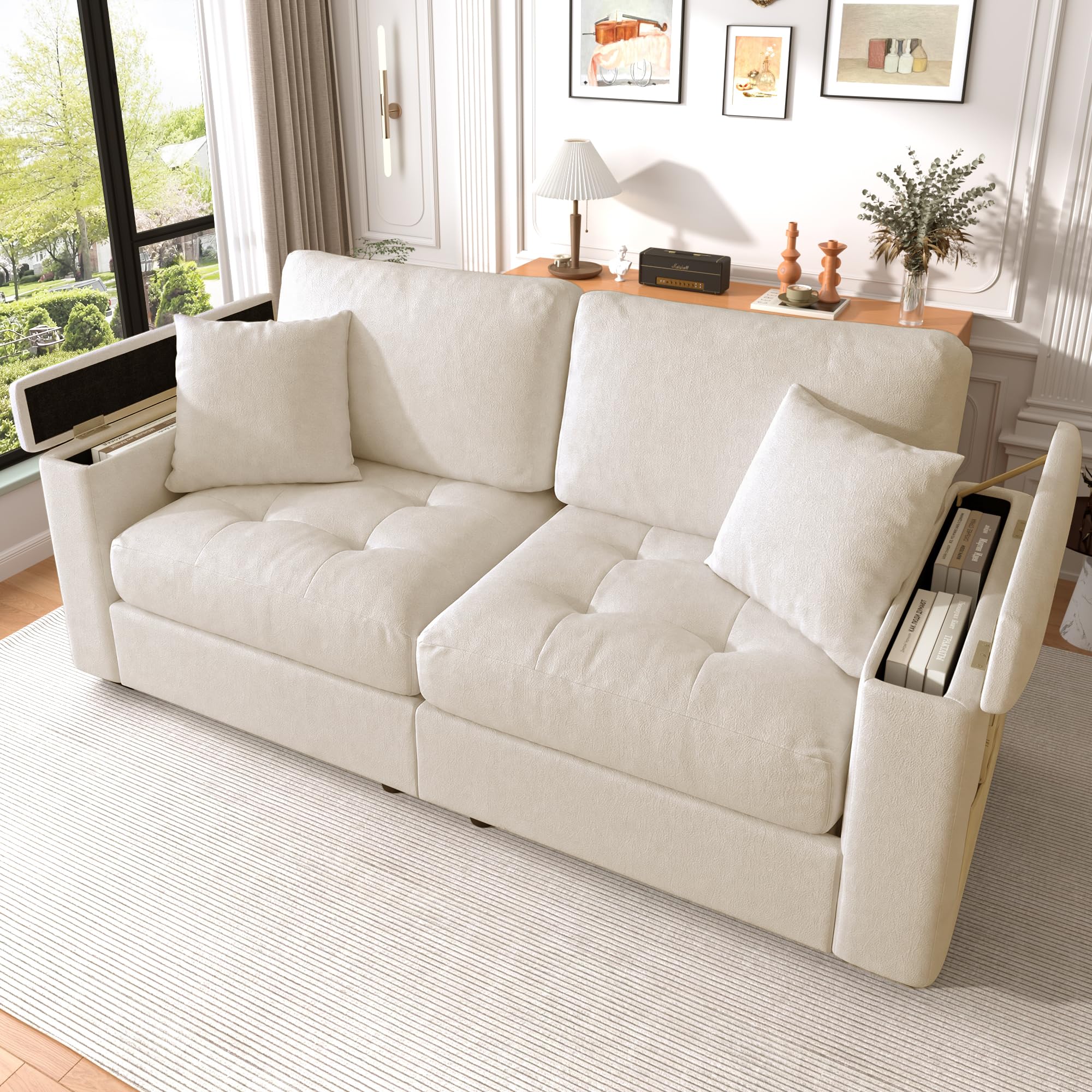 Modernes Zweisitzer-Sofa mit Stauraum in den Armlehnen, aus weichem Chenille-Stoff, inklusive 2 bequemen Kissen, mit hochdichter Schaumstoffpolsterung für höchsten Sitzkomfort (Beige)