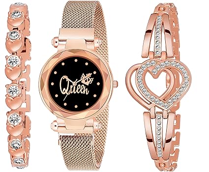 CERO Queen Black Dial Magnet Watch with Sweet Heart Bracelet Combo for Girls & Womens Watch (Pack of 3)