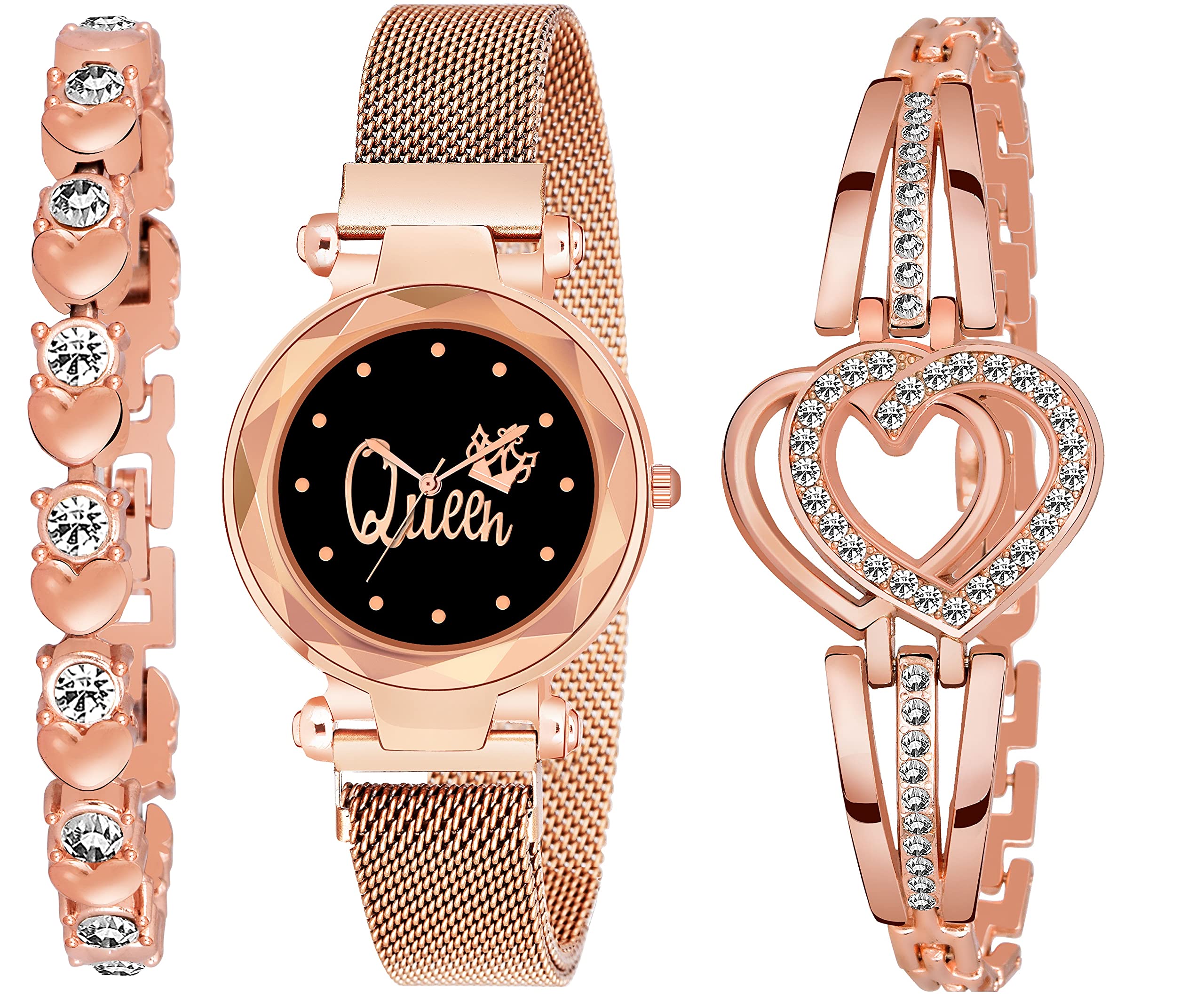 CERO Queen Black Dial Magnet Analog Watch with Sweet Heart Bracelet Combo for Women (Rose Gold) - Pack of 3 (B098LLHGZR) Amazon Price History, Amazon Price Tracker