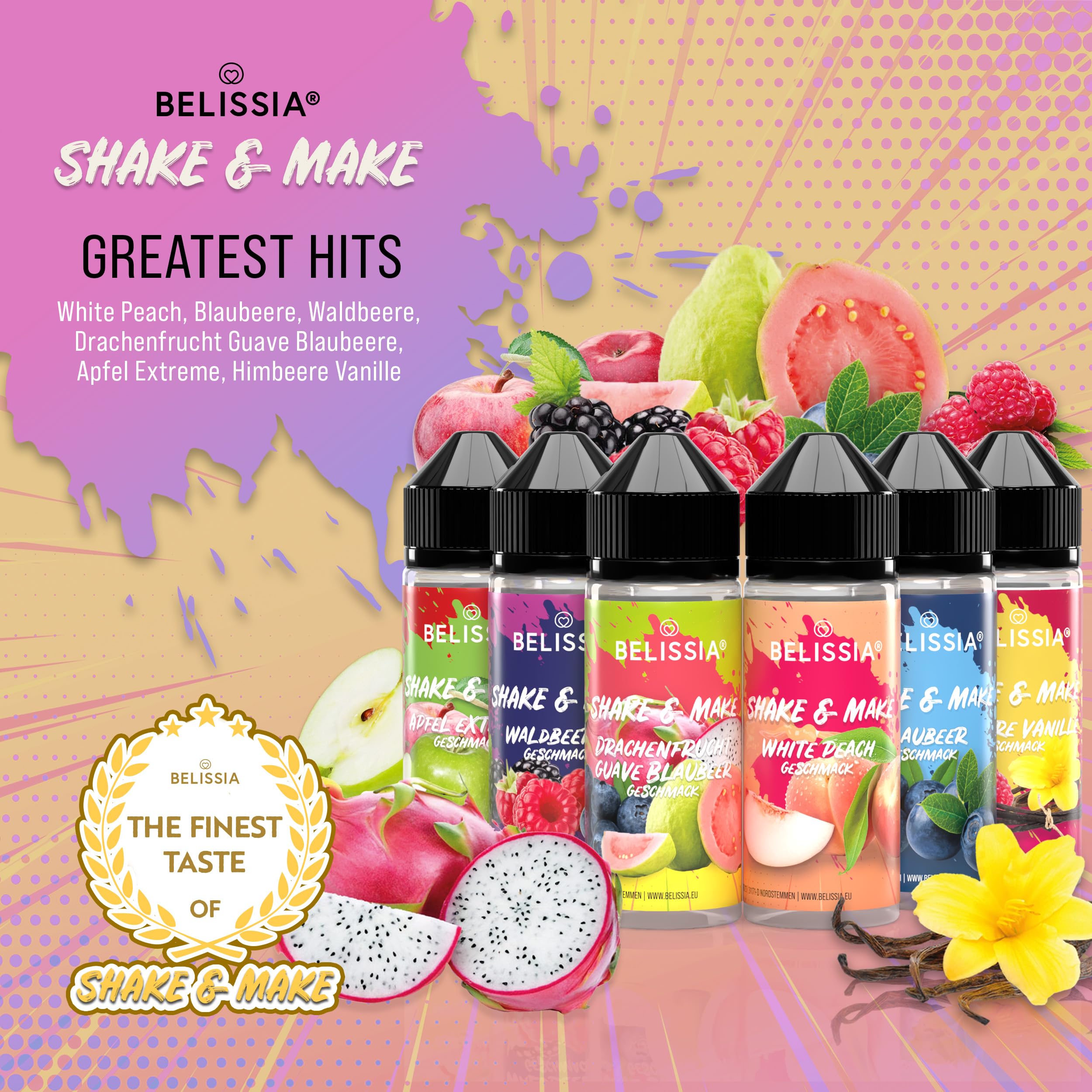 Belissia Shake and Make Set Greatest Hits - 6x10ml hochdosiertes Lebensmittelaroma + 120ml Schüttelflasche - Für Backen, Speisen, Getränke, Shakes, DIY & Raumduft - Vegan, ohne Zusatzstoffe