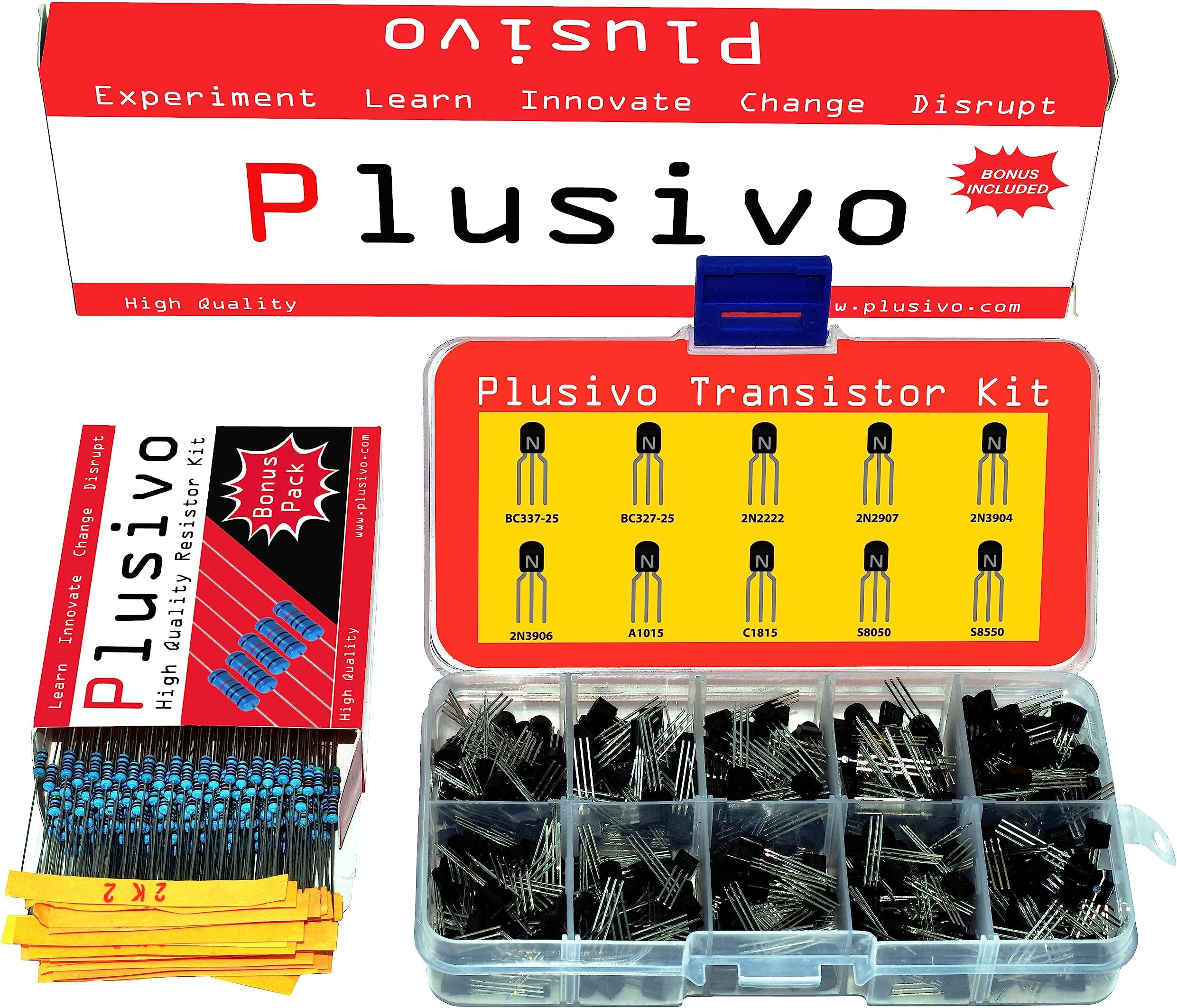 Transistors Assortment Kit with Resistor Pack, 210 PNP and NPN BJT Transistors with 250 1/4 W metal film Resistors - Bipolar Transistors 2N3904 2N3906 S8050 2N2907 S8550 2N2222 BC337 C1815 BC327 A1015