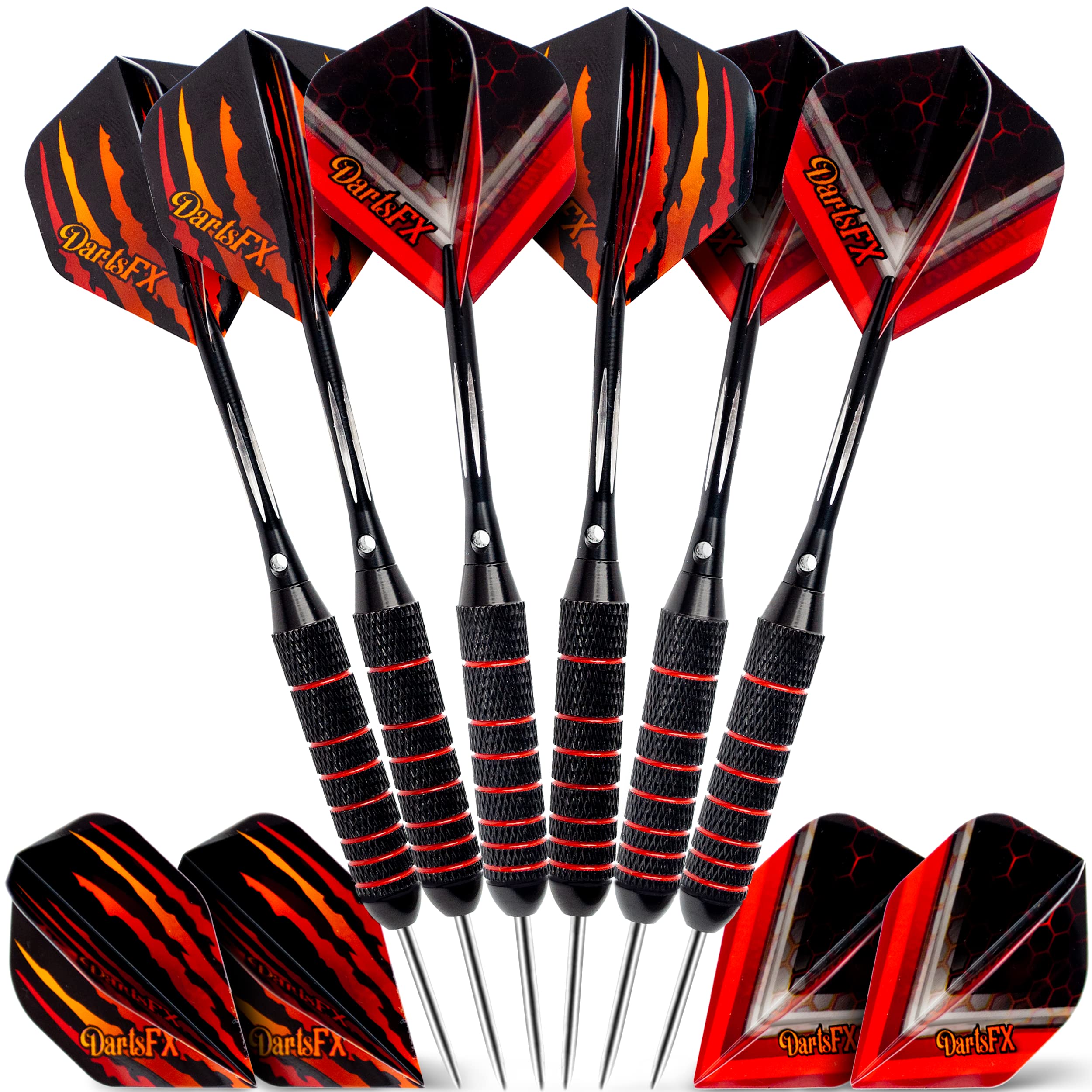 DartsFX Darts Metal Tip Set - 6 * 22 Grams Darts Steel Tip Set Professional, O-Rings Brass Barrels, Aluminum Shafts & Custom Flights Kit for Dartboard Higher Throwing Accuracy - Pro Tipped Dart Pack