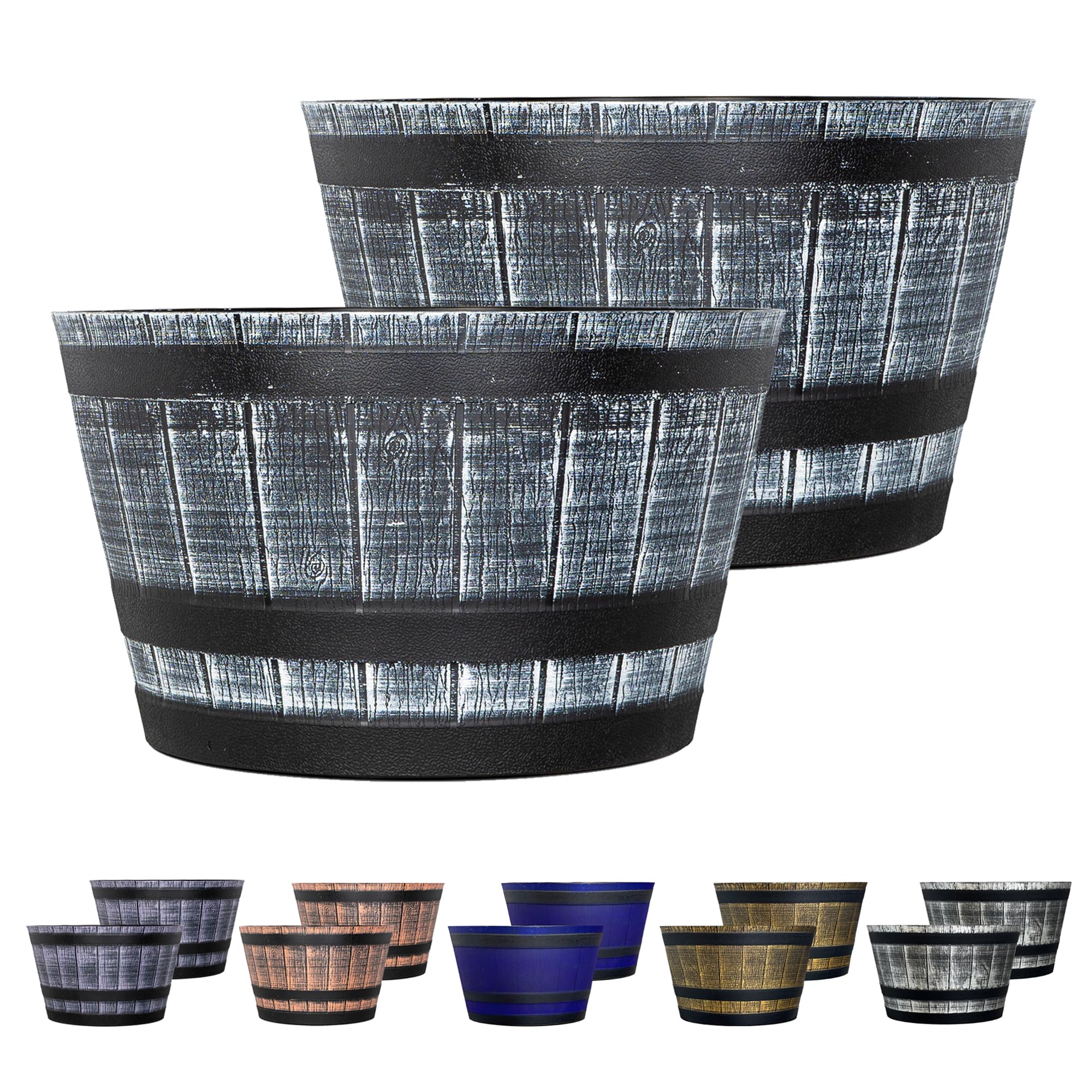 SG Traders Large Half Barrel Cask Planter, Flower Plastic Pots Outdoor Garden Planters, Indoor Plant Pot with Drainage Holes, Stonegrey,Tan,Greywood with Black Straps, Set of 2, 40 x 24cm