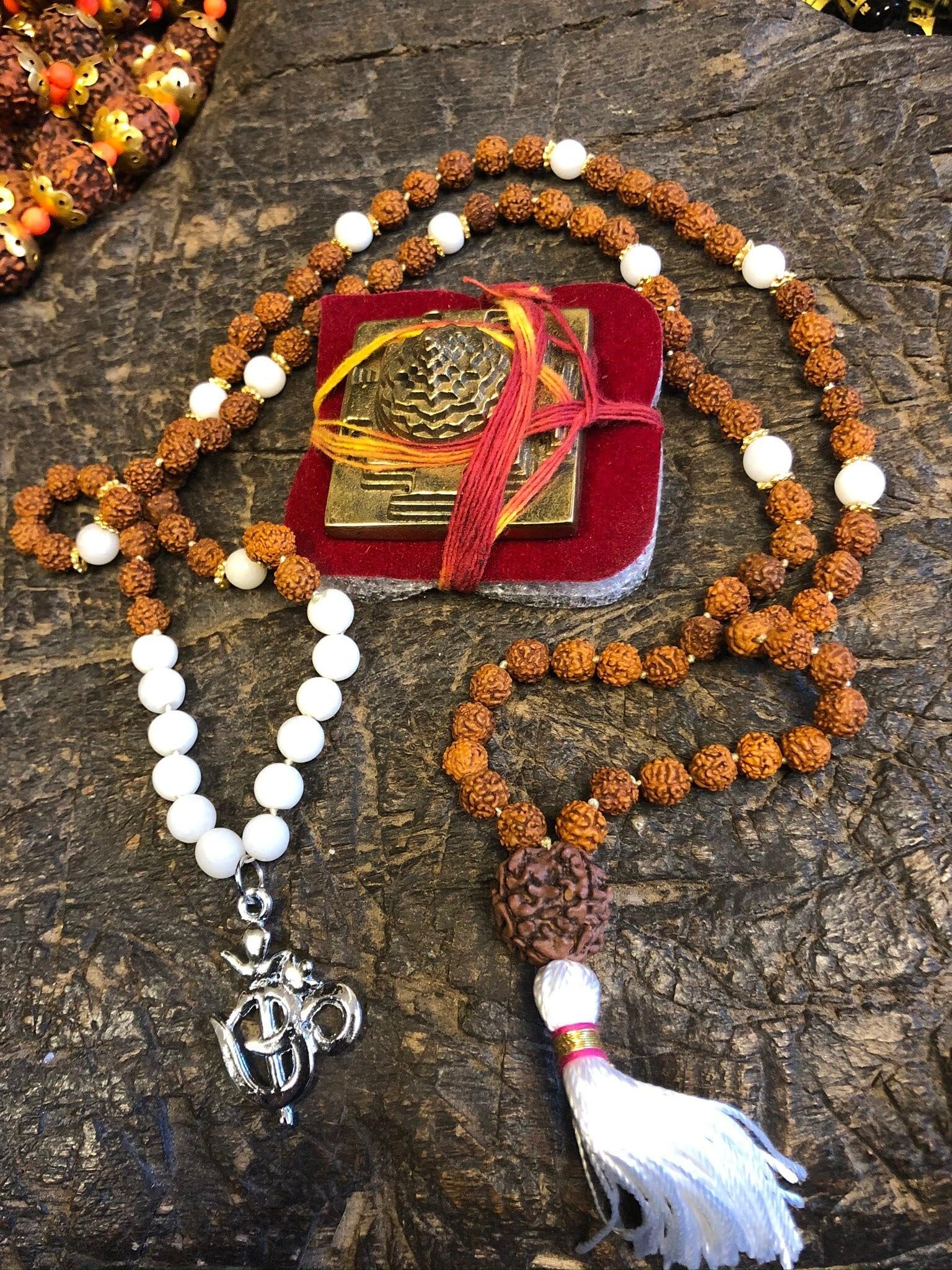 Mogul Interior Buddhist Prayer Rudraksha White Moon Stone, Healing Meditation
