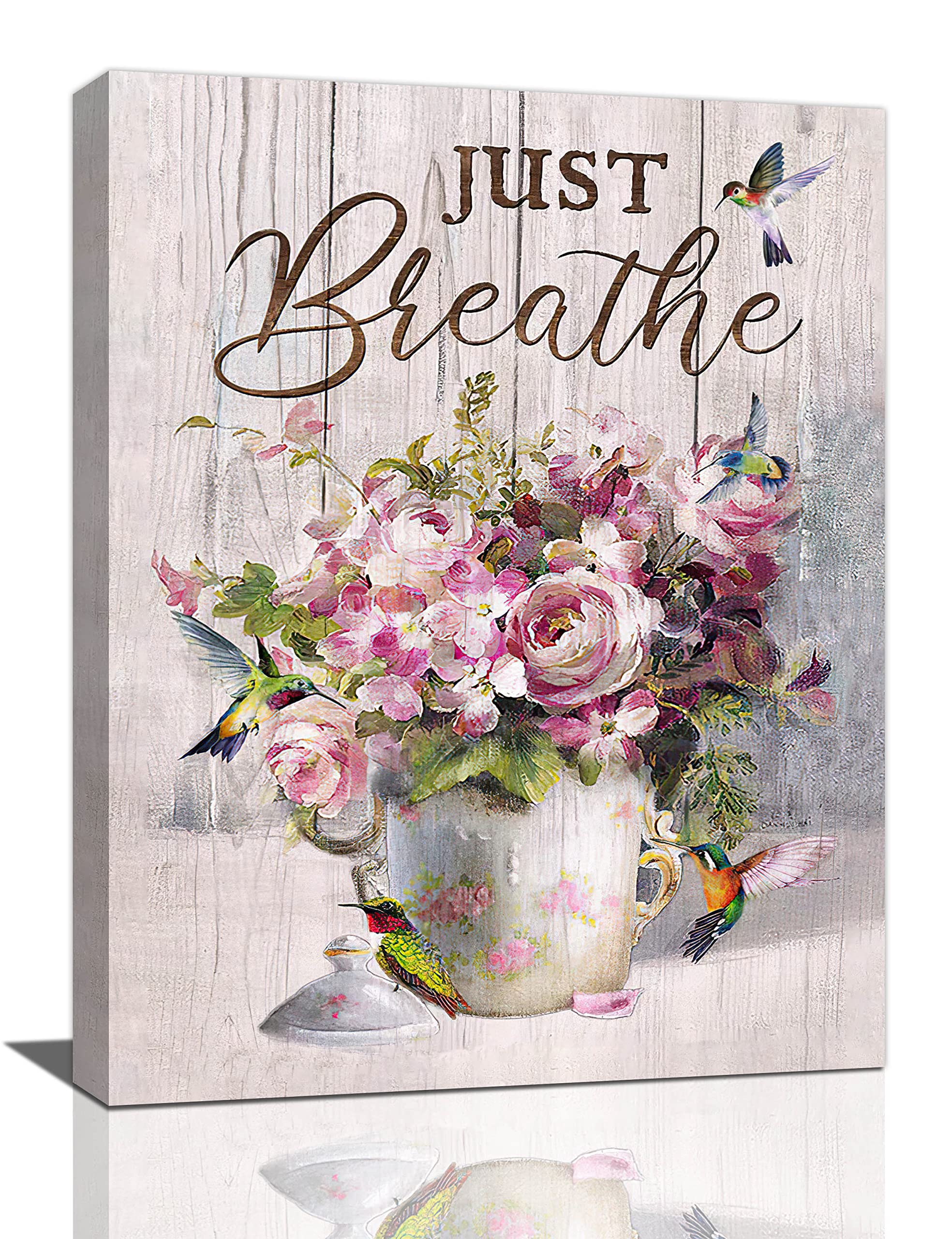 LMYSXAOZ Farm Pink Rose Flower Bathroom Decor Wall Art Rustic Farmhouse Floral Hummingbird Just Breathe Pictures Canvas Painting Prints Artwork Home Decorations Framed for Bedroom Kitchen 16"x20"