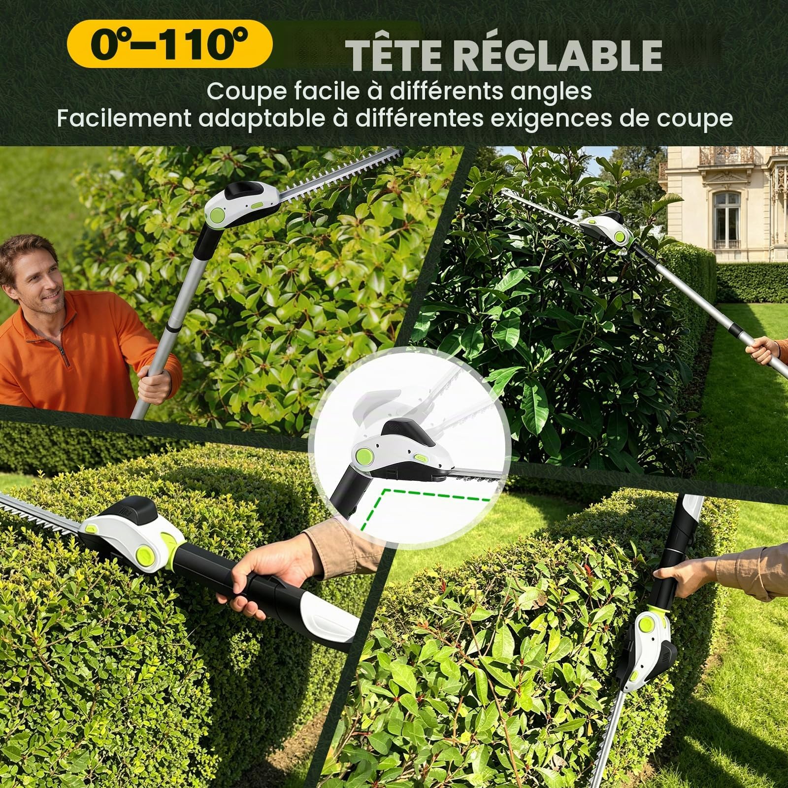 Taille-Haies Télescopique 4-en-1 sur Batterie avec 2 Batteries, Taille-Haies à Perche avec Rallonge Rigide jusqu'à 1,4 m, Tête de Coupe Orientable 11 Positions avec 2 Lames, Taille-Haies + Coupe-Herbe