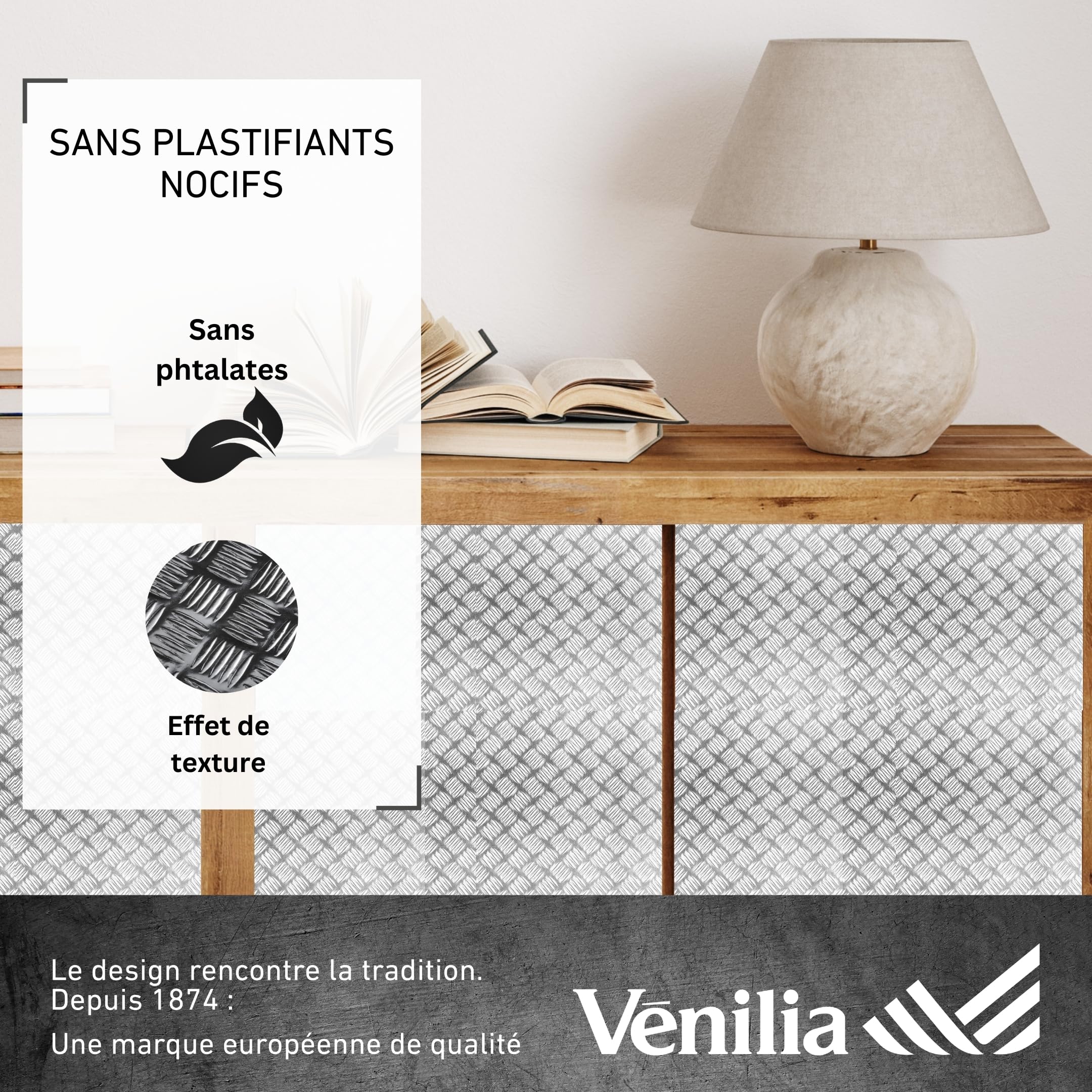 Venilia film adhésif effet industriel 45x150 cm,revêtement autocollant pour meuble et surface intérieure,style métal strié brillant avec texture,facile à poser pour cuisine,armoire, porte,argent,53127